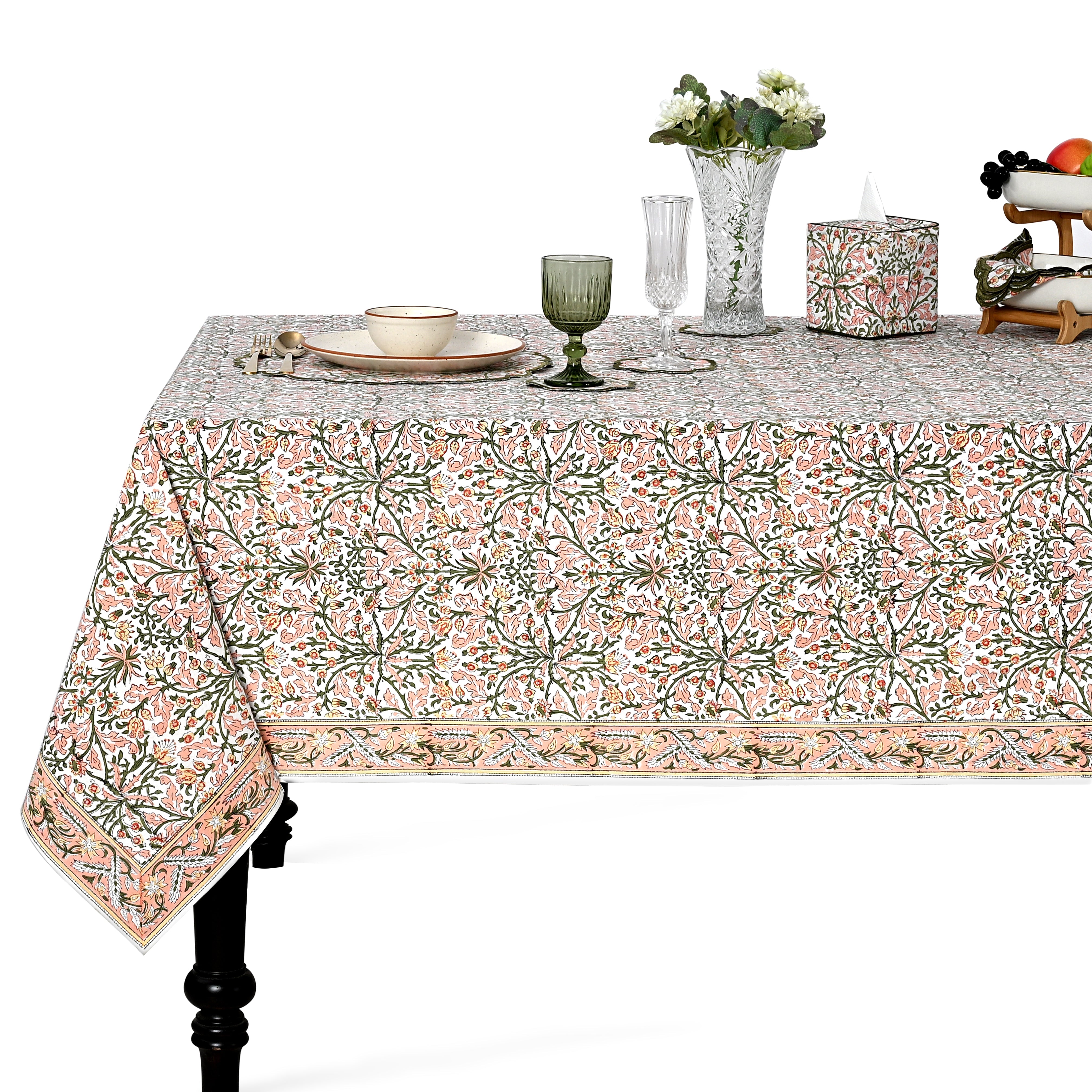 Sassy Salmon and Emerald Green Rectangle Tablecloth Ridhi Block Print