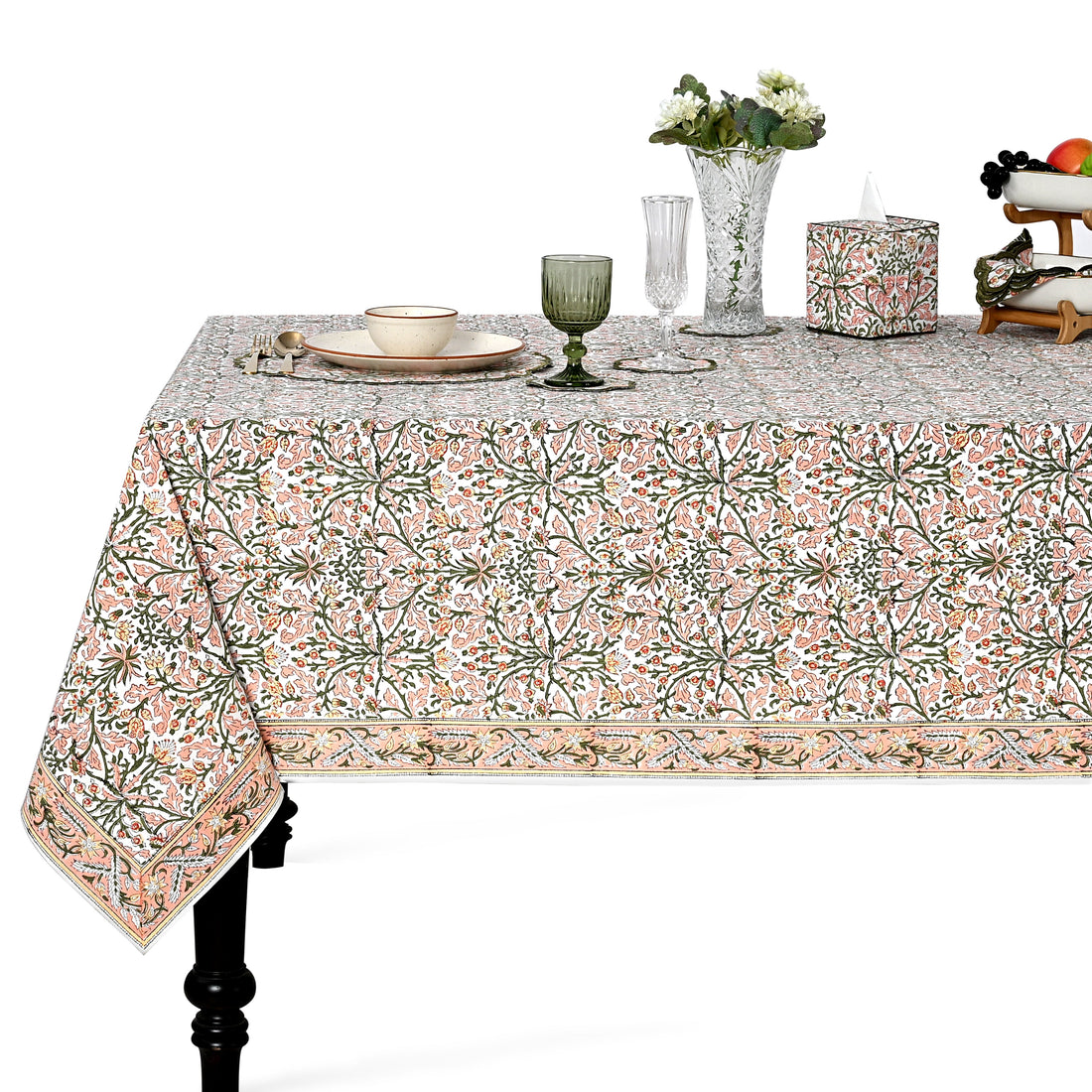 Sassy Salmon and Emerald Green Square & Rectangle Tablecloth Ridhi Block Print