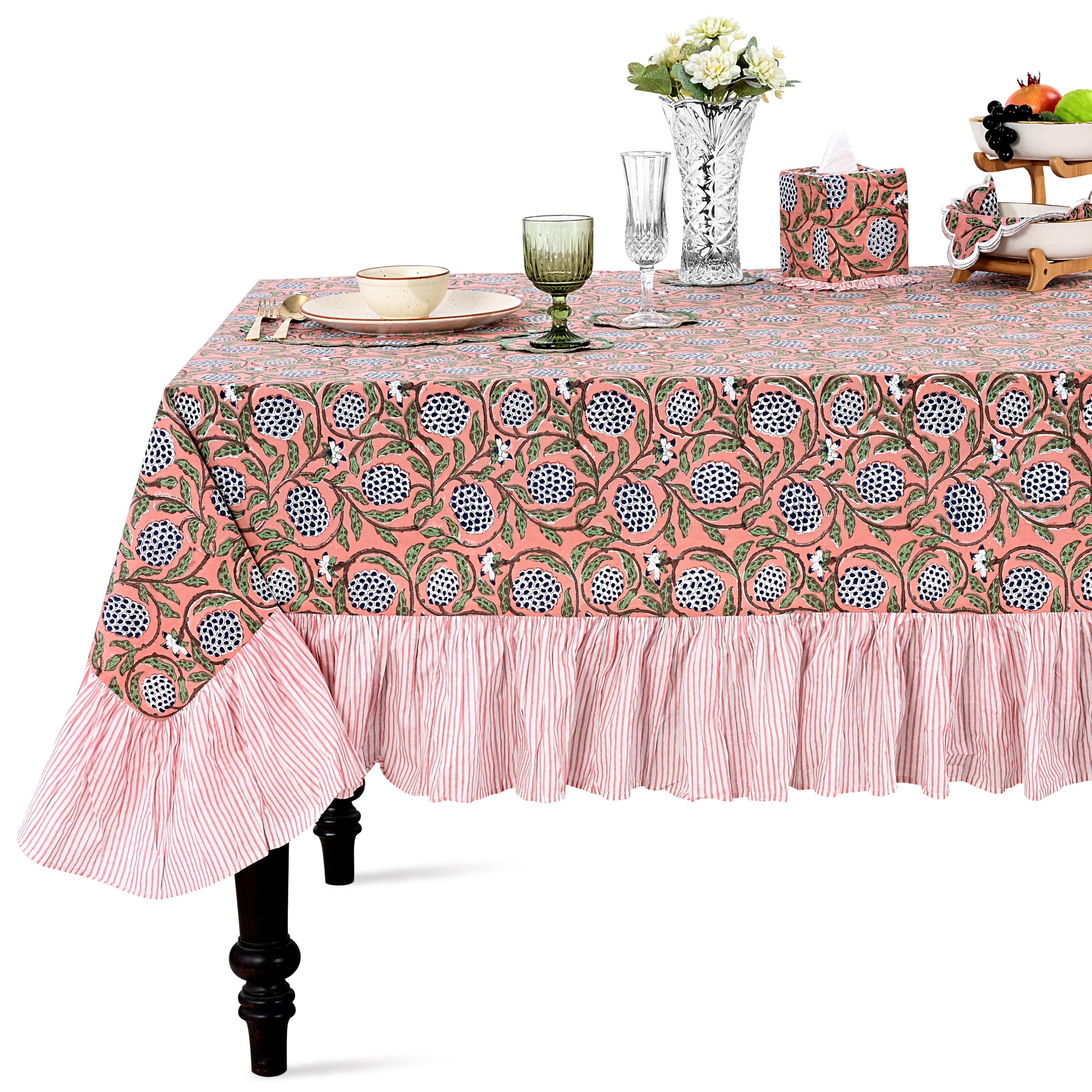 Ruffle Rectangle & Square Tablecloth - Dark Salmon Pink Ridhi Block Print