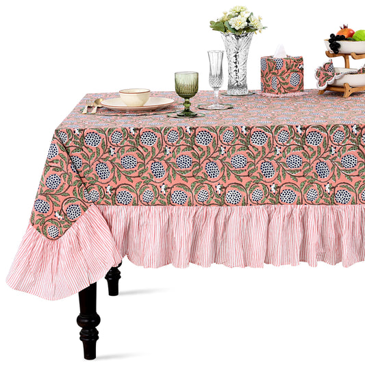 Ruffle Rectangle & Square Tablecloth - Dark Salmon Pink Ridhi Block Print