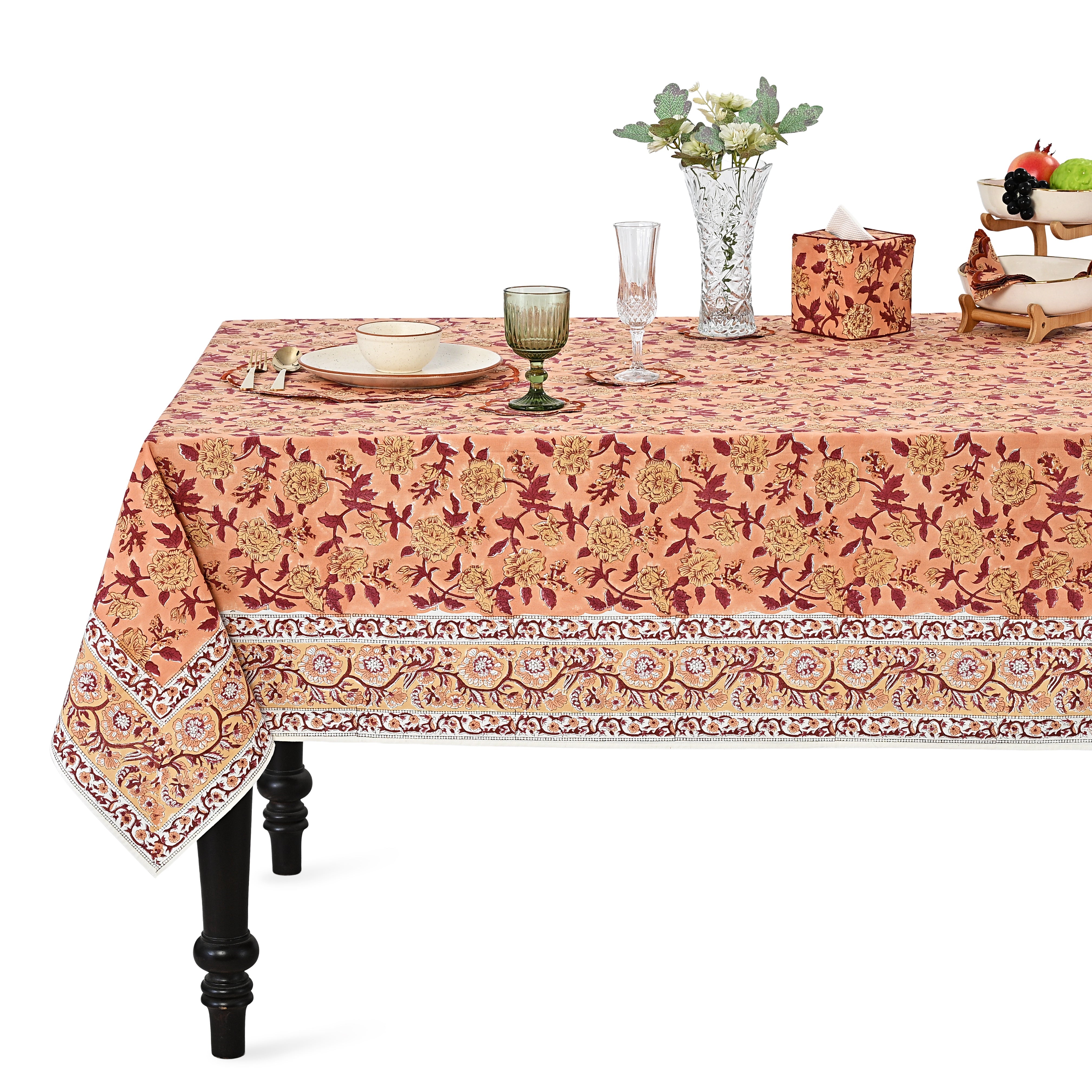 Apricot Rosette Vine Square & Rectangle Tablecloth Ridhi Block Print