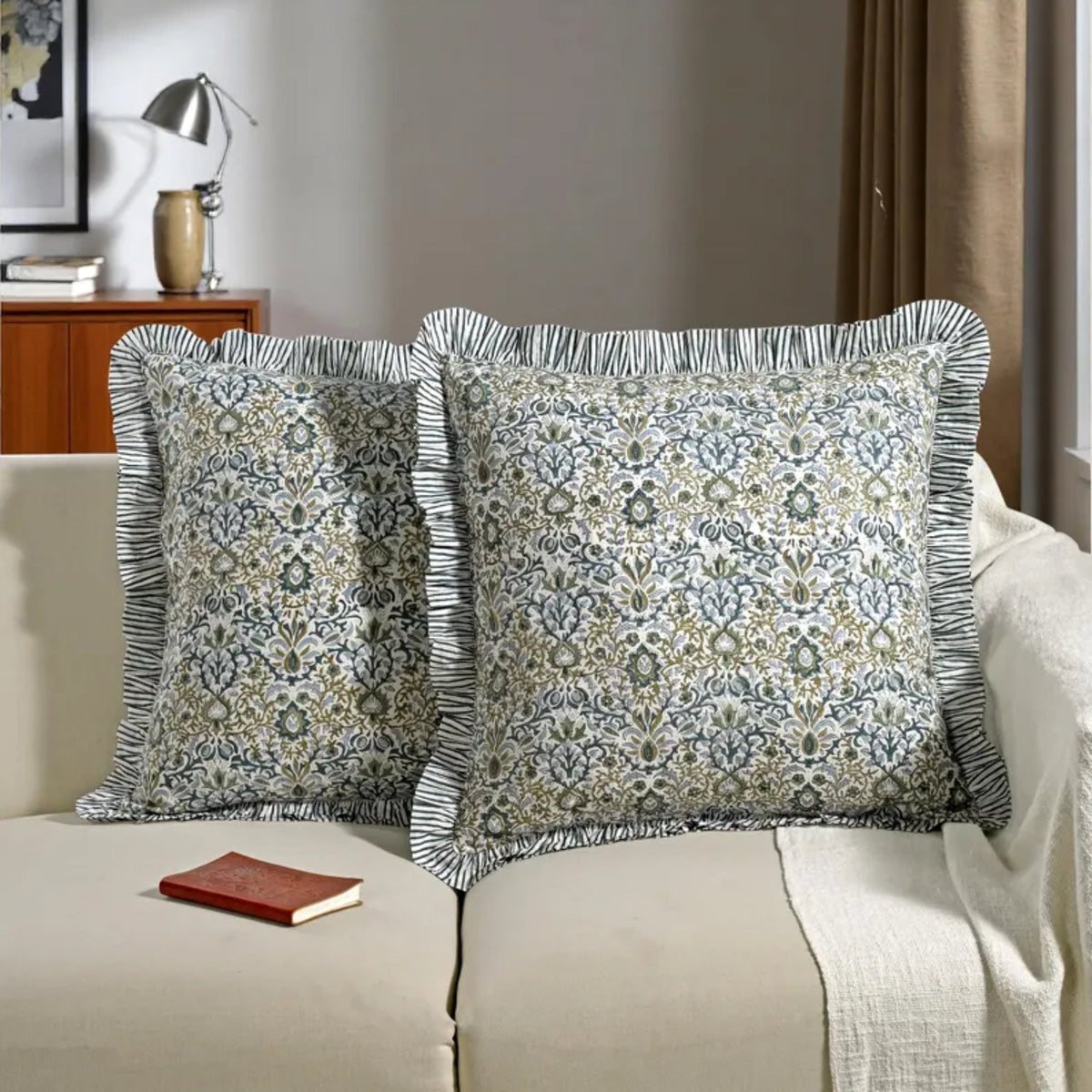 Indigo Floral Ruffle Pillow Cover