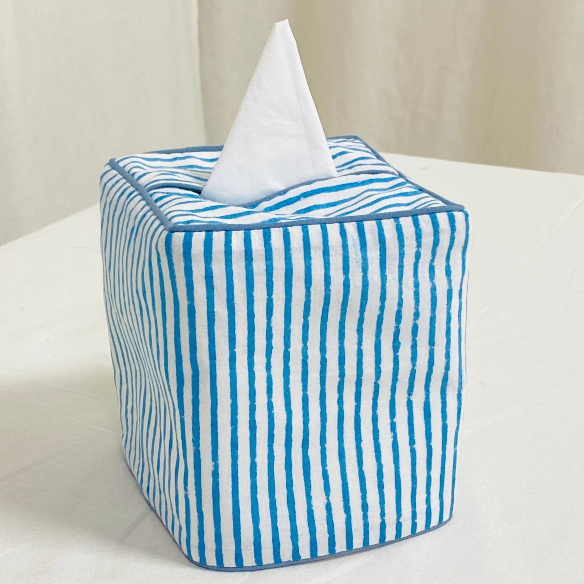 Aqua Blue Striped Tissue Box Cover Ridhi Block Print
