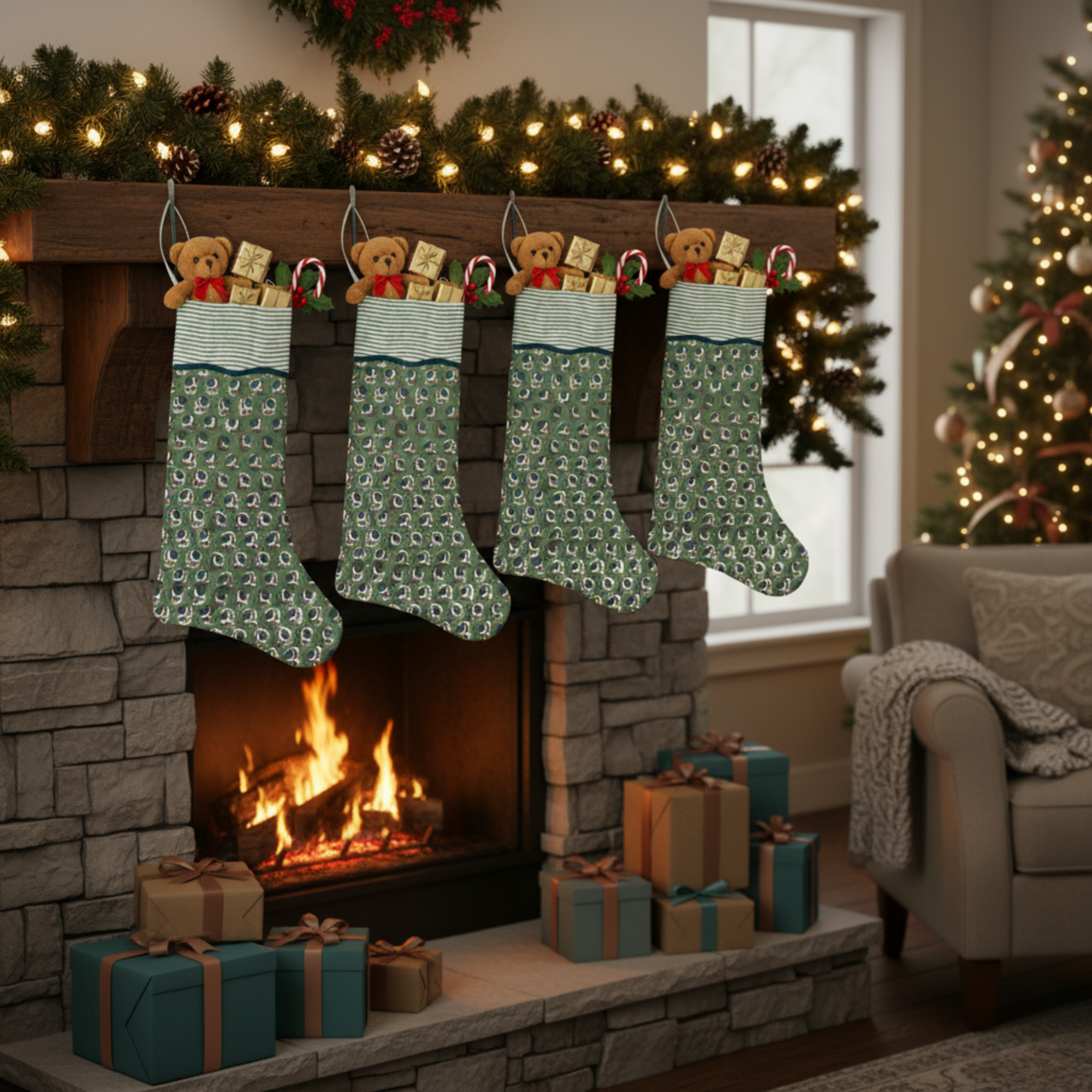 Four green Christmas stockings hanging above a fireplace with presents underneath, festive decorations in the background.
