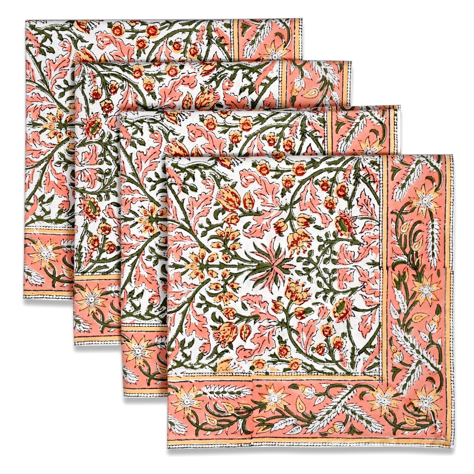 Sassy Salmon Pink Border Napkins Ridhi Block Print