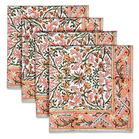 Sassy Salmon Pink Border Napkins Ridhi Block Print