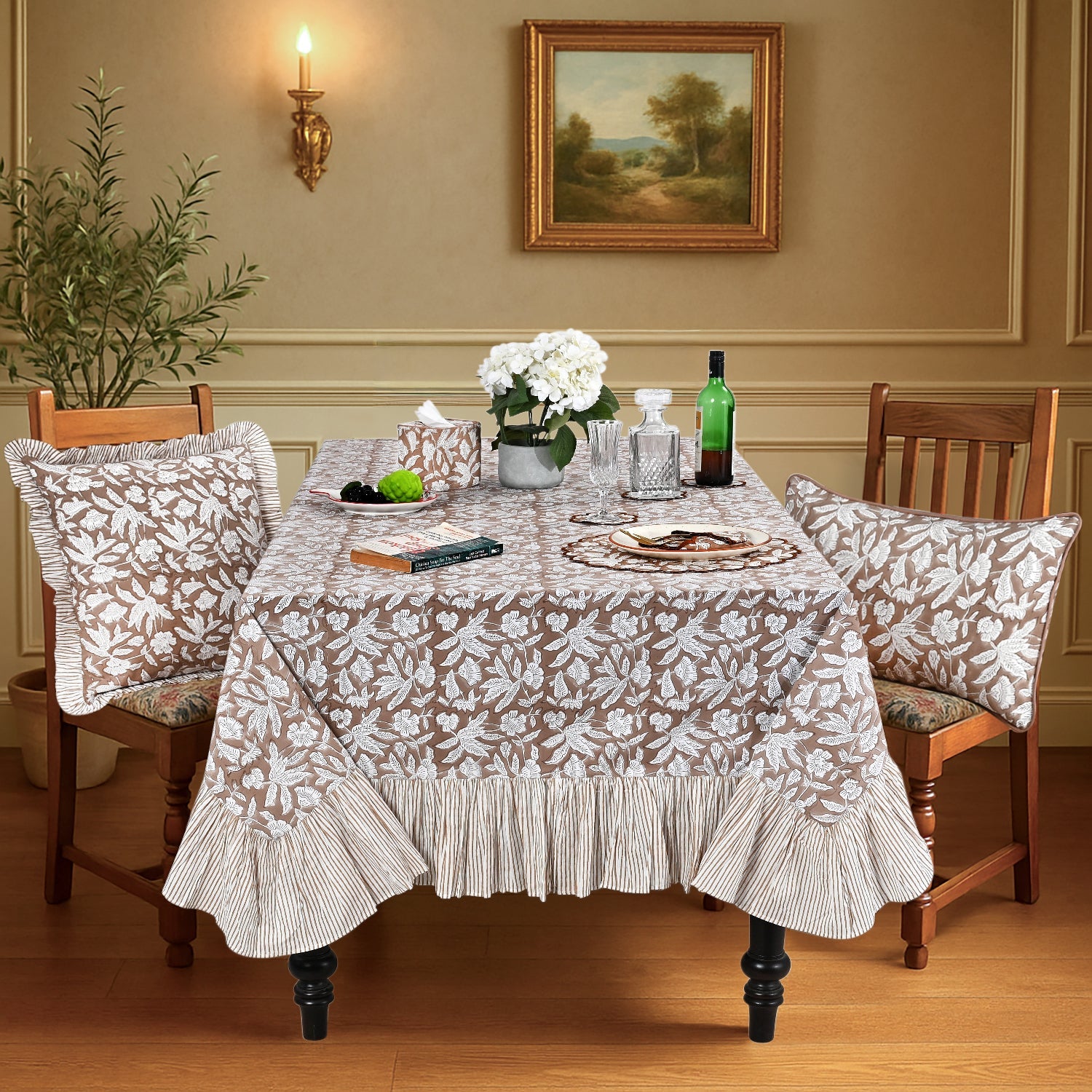 Ruffle Rectangle & Square Tablecloth - Oak Brown Ridhi Block Print