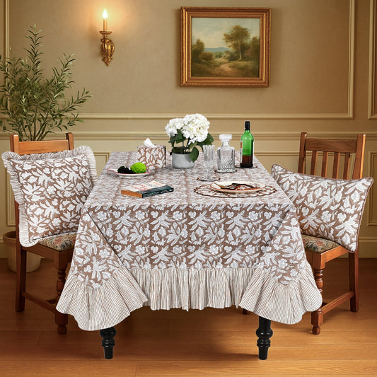 Ruffle Rectangle & Square Tablecloth - Oak Brown Ridhi Block Print