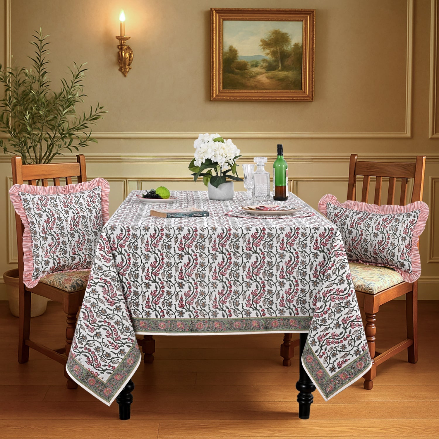 Coral Pink Rectangle Tablecloth Ridhi Block Print