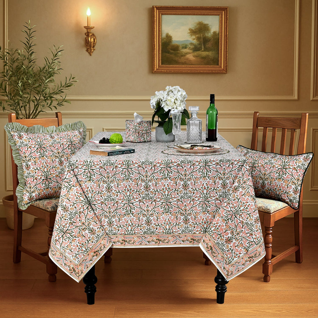 Sassy Salmon and Emerald Green Square & Rectangle Tablecloth Ridhi Block Print