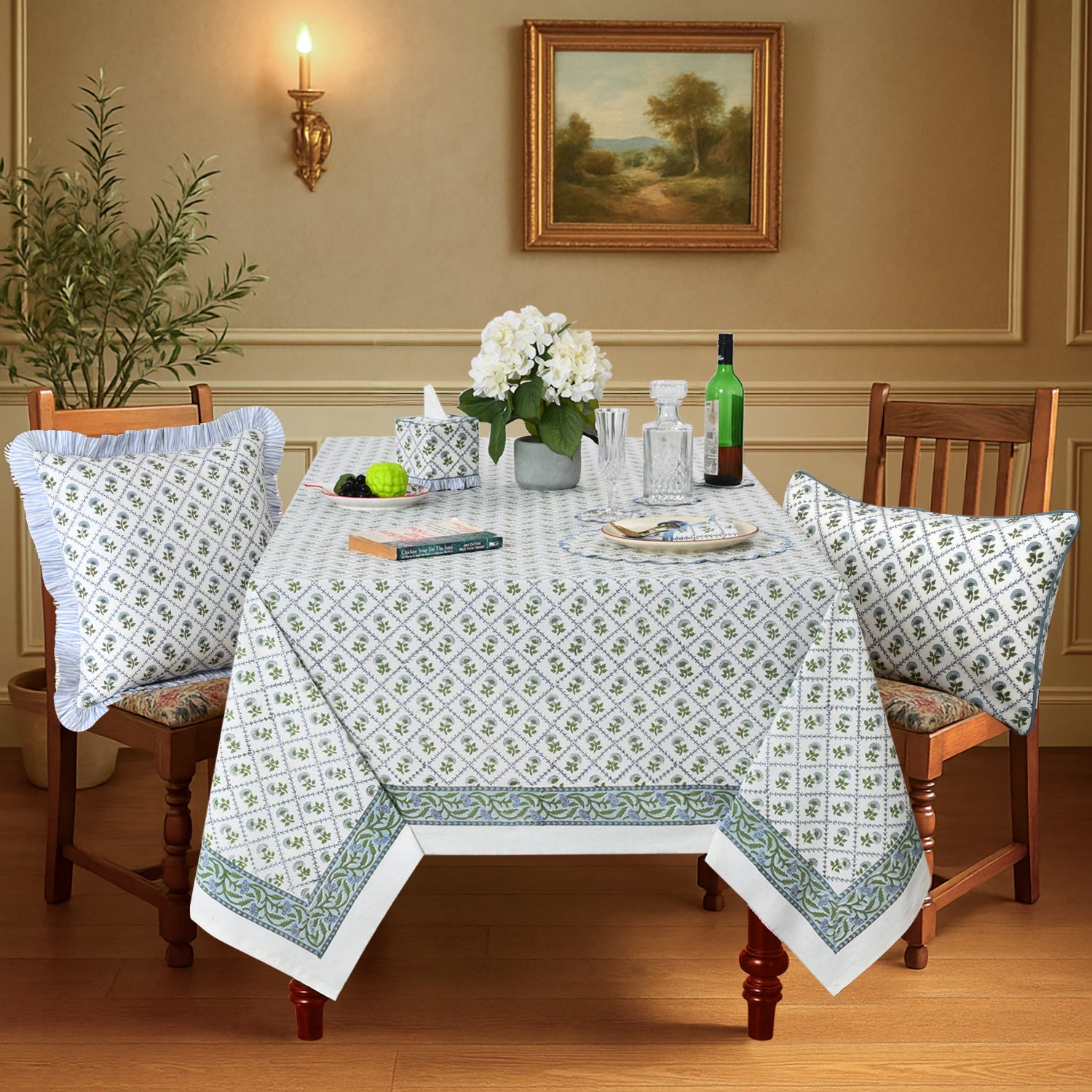 Indian Light Blue Rectangle Tablecloth Ridhi Block Print