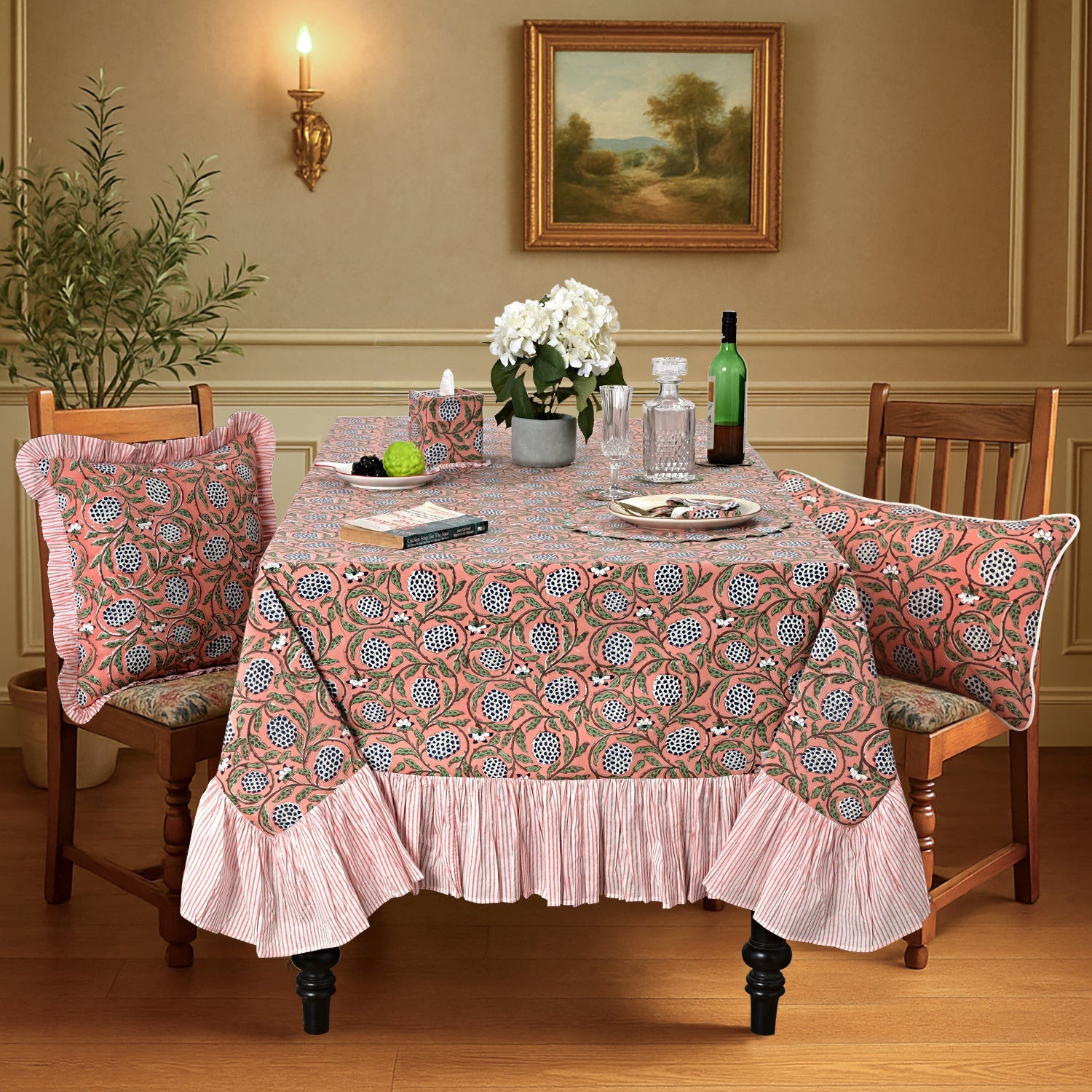 Ruffle Rectangle & Square Tablecloth - Dark Salmon Pink Ridhi Block Print