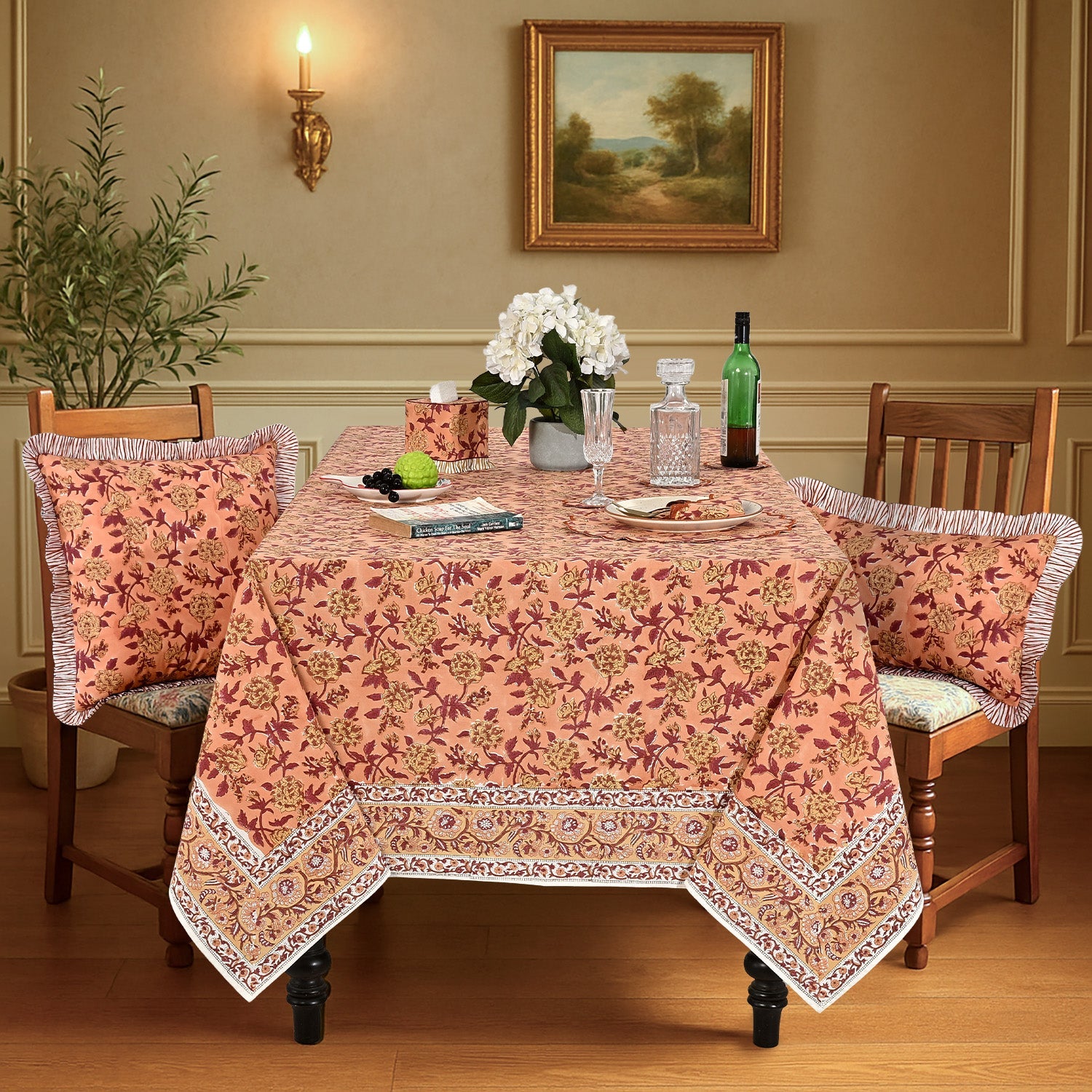 Apricot Rosette Vine Square & Rectangle Tablecloth Ridhi Block Print