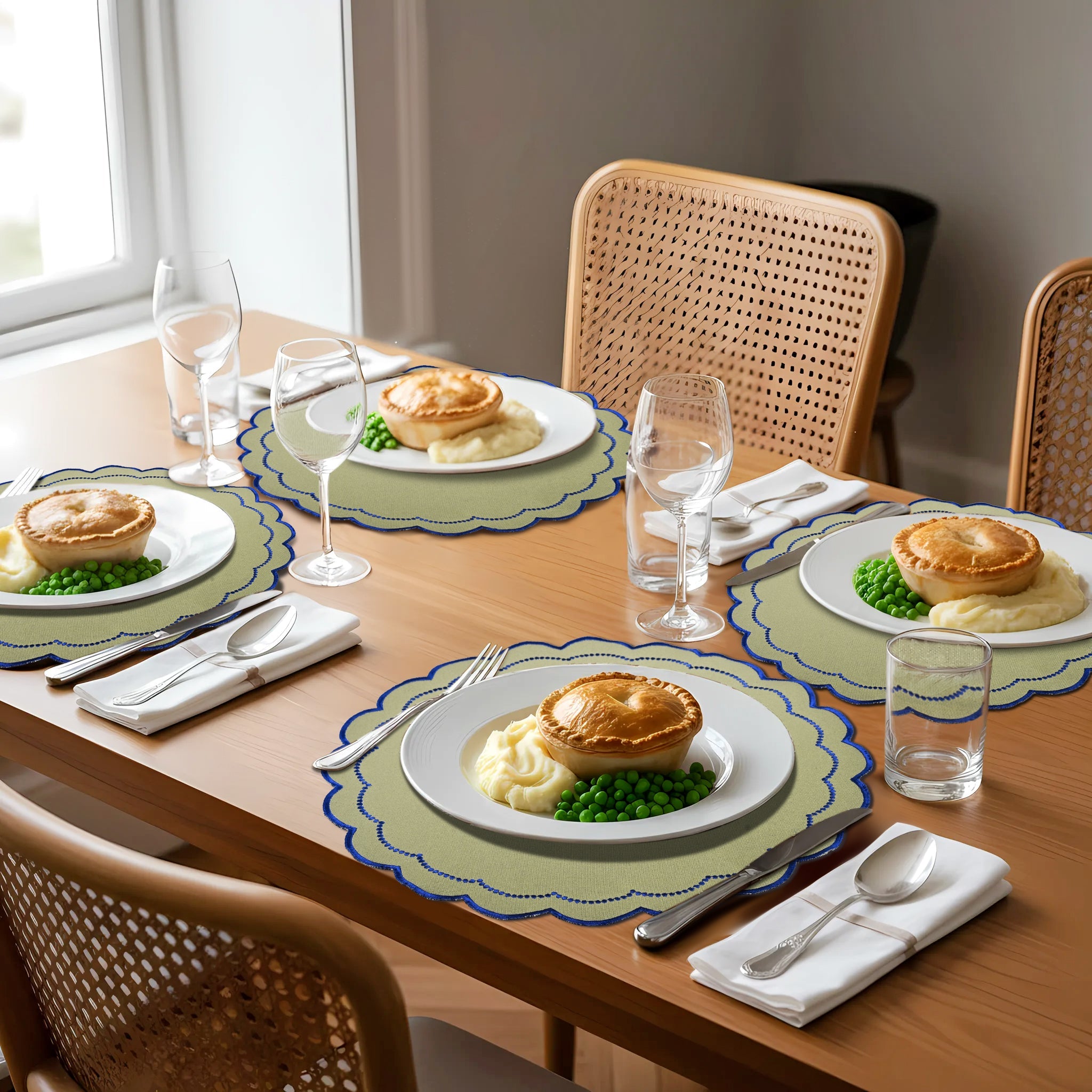 Matcha Green Scalloped Embroidery Round Placemat Ridhi Block Print