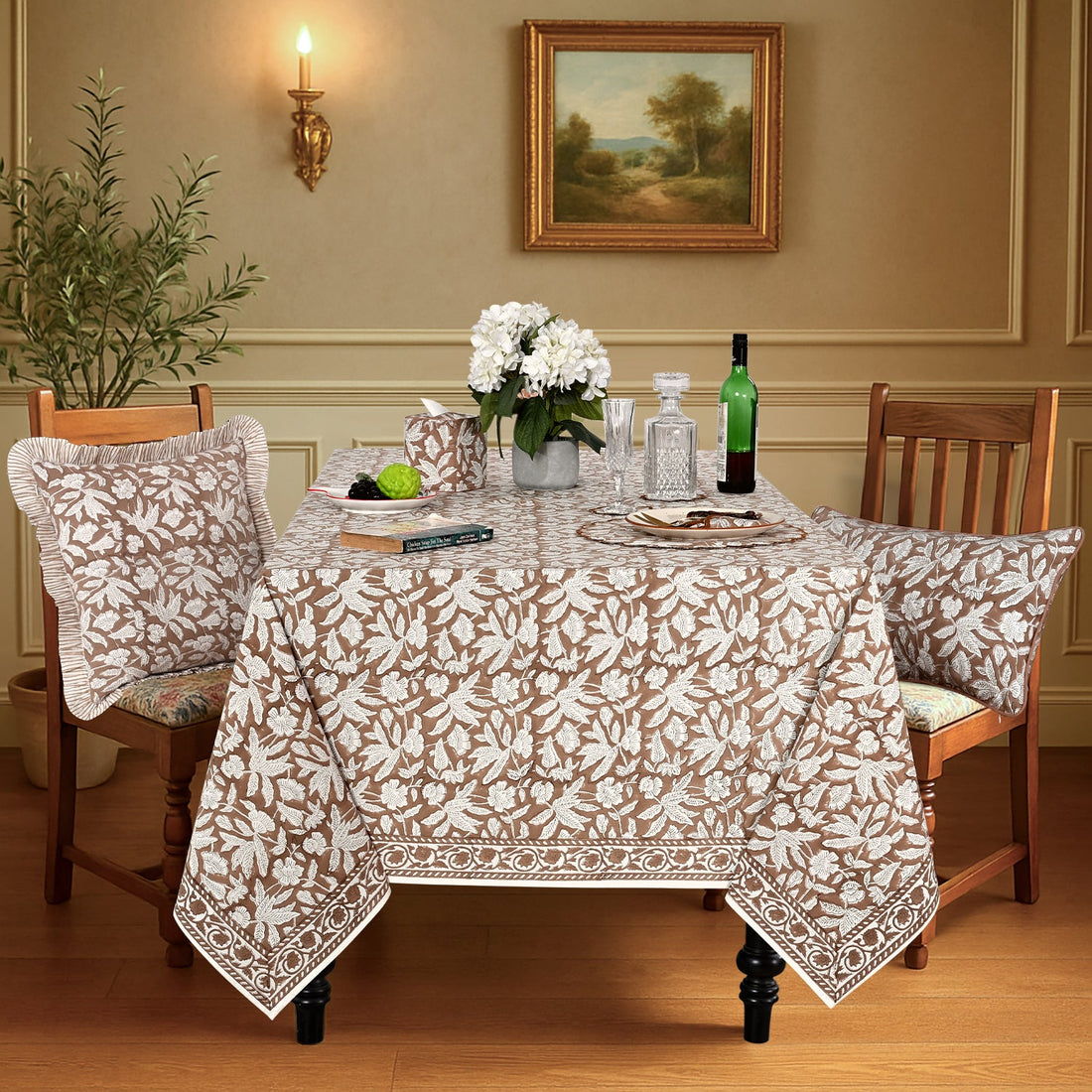 Oak Brown Square & Rectangle Tablecloth Ridhi Block Print