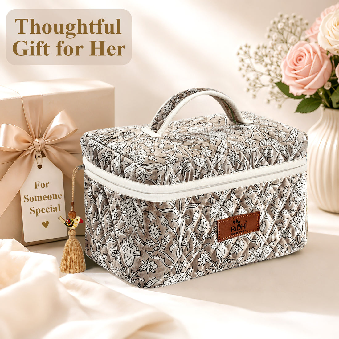 Taupe Block Print Quilted Cosmetic Bag