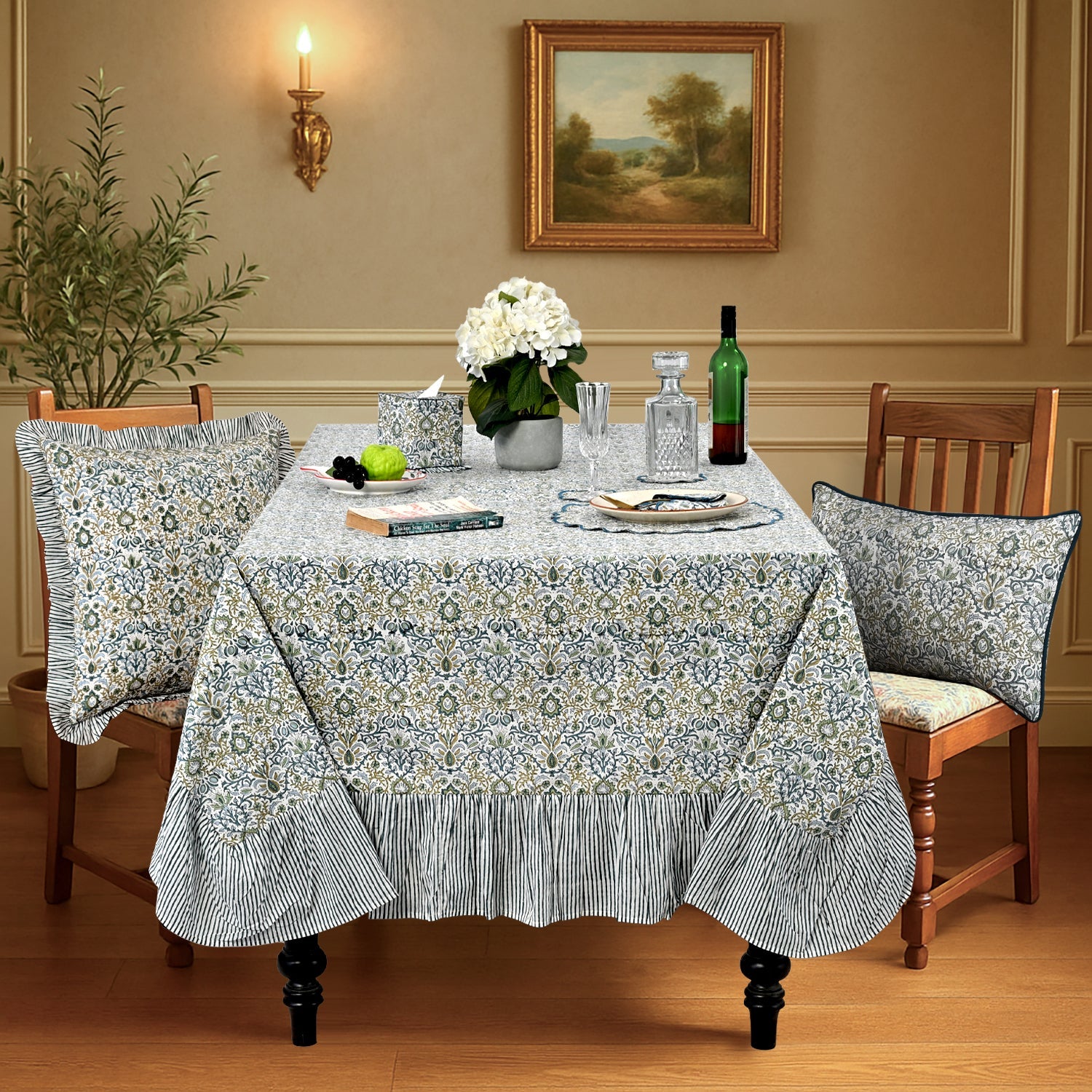 Ruffle Rectangle & Square Tablecloth - Indigo Floral Ridhi Block Print