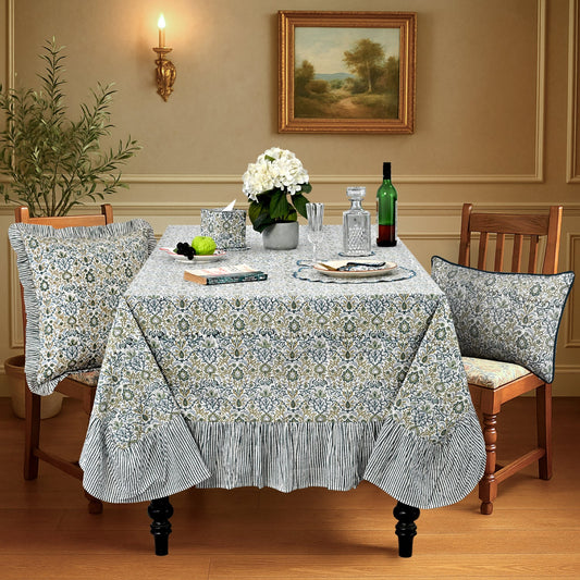 Ruffle Rectangle & Square Tablecloth - Indigo Floral Ridhi Block Print