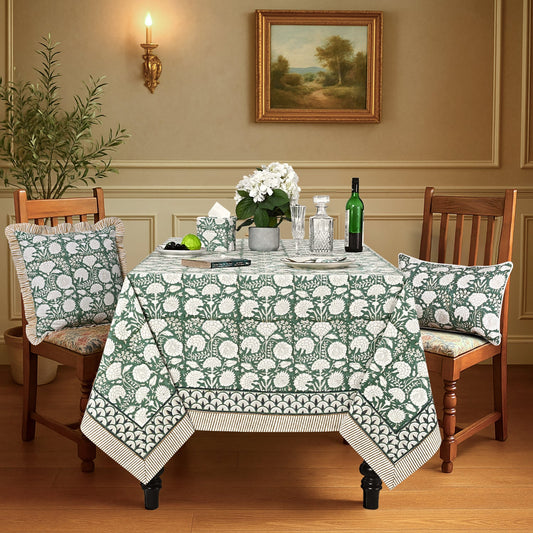 Turquoise Moss Green Rectangle Tablecloth Ridhi Block Print