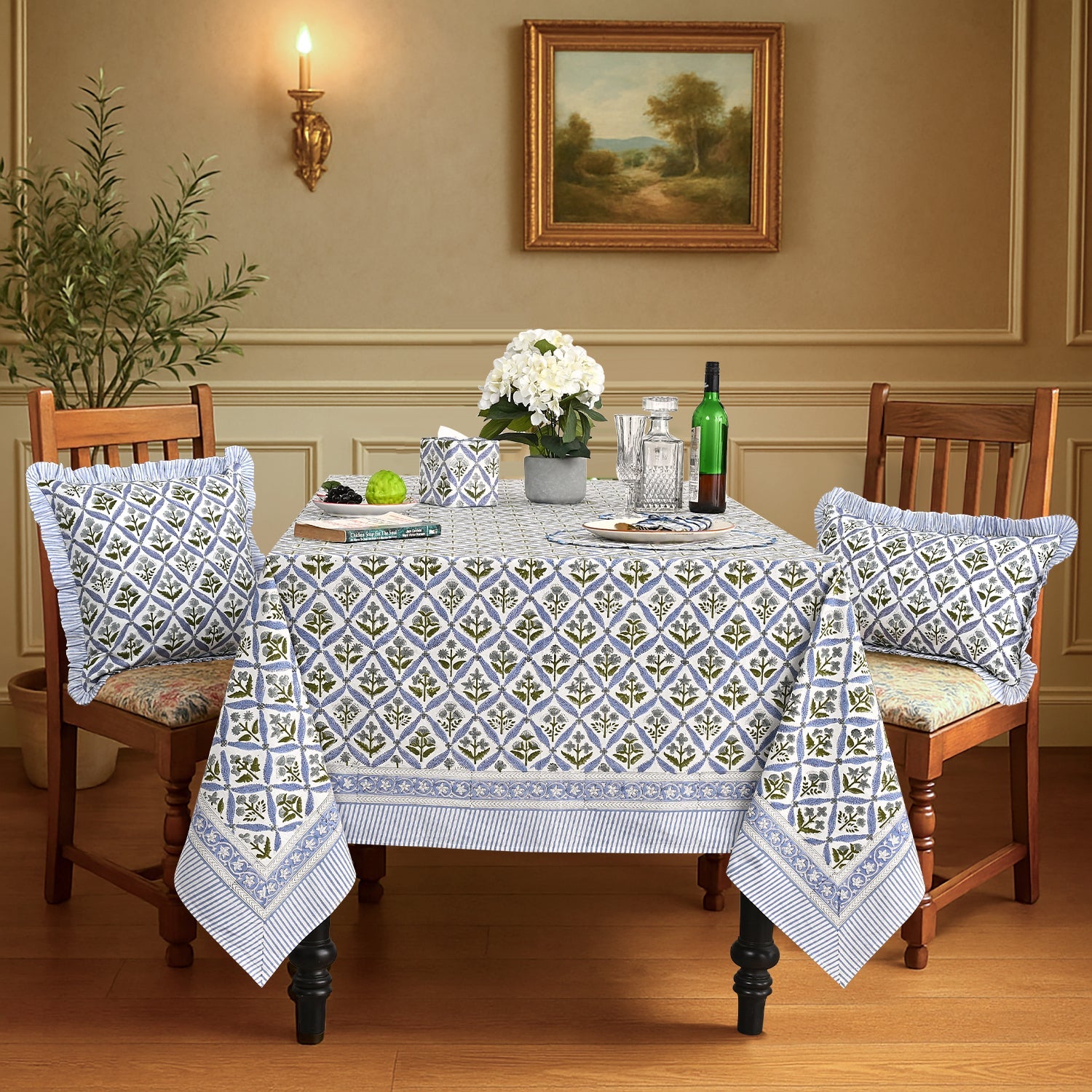 Light Steel Blue Square & Rectangle Tablecloths Ridhi Block Print