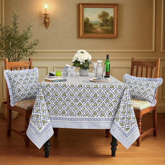Light Steel Blue Square & Rectangle Tablecloths Ridhi Block Print