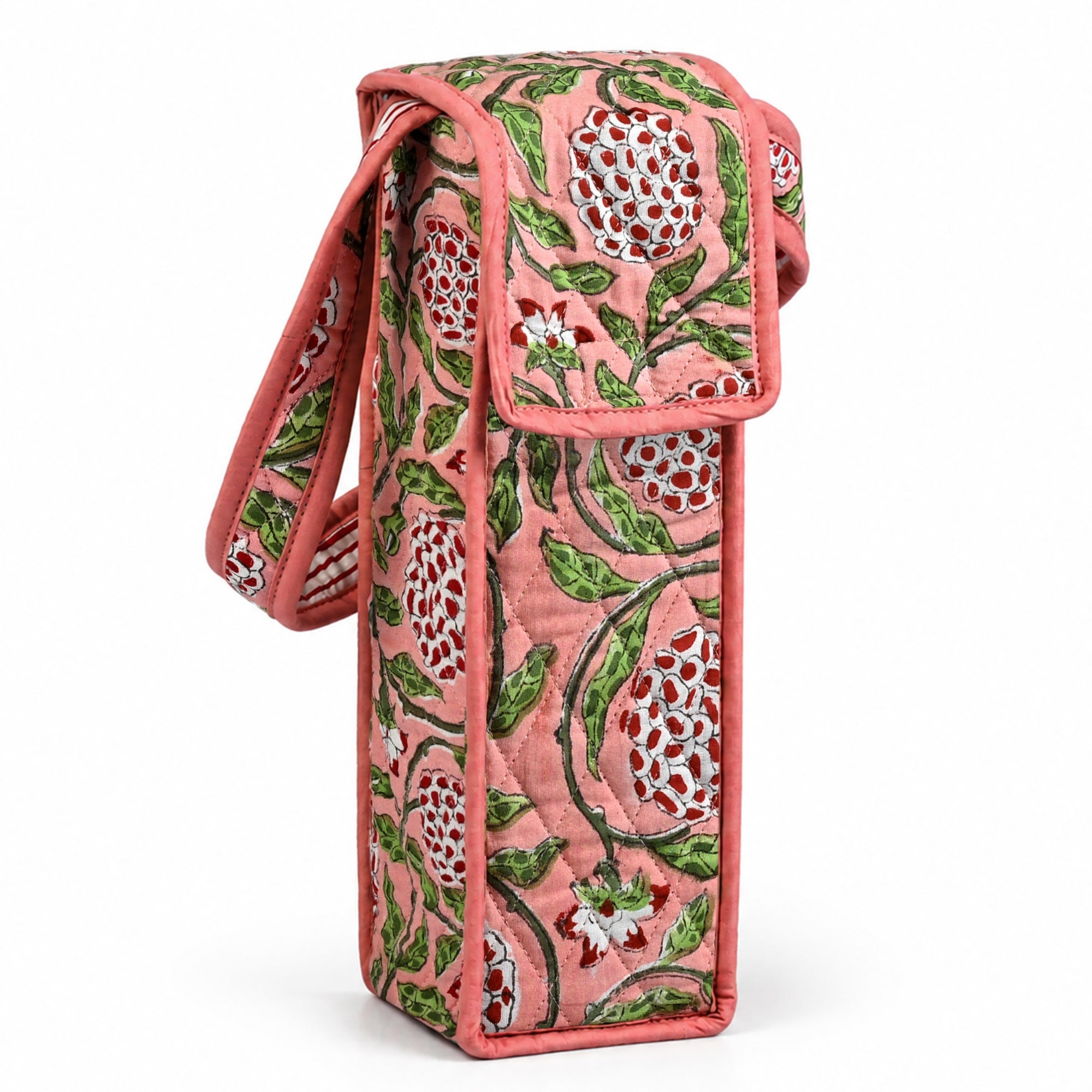 Strawberry Pink Block Print Quilted Water Bottle Holder Bag RIDHI