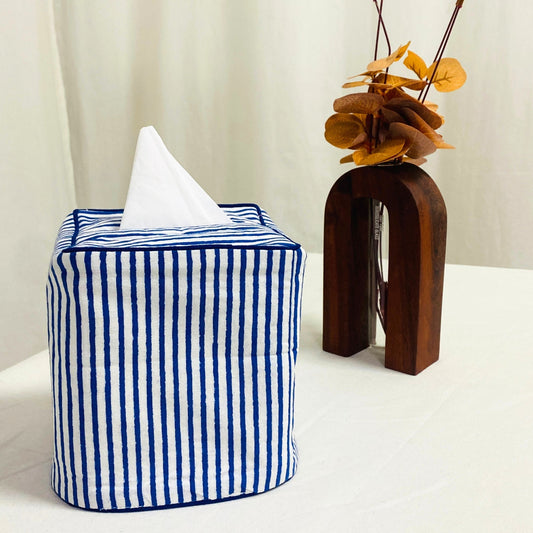 Navy Blue Striped Tissue Box Cover Ridhi Block Print
