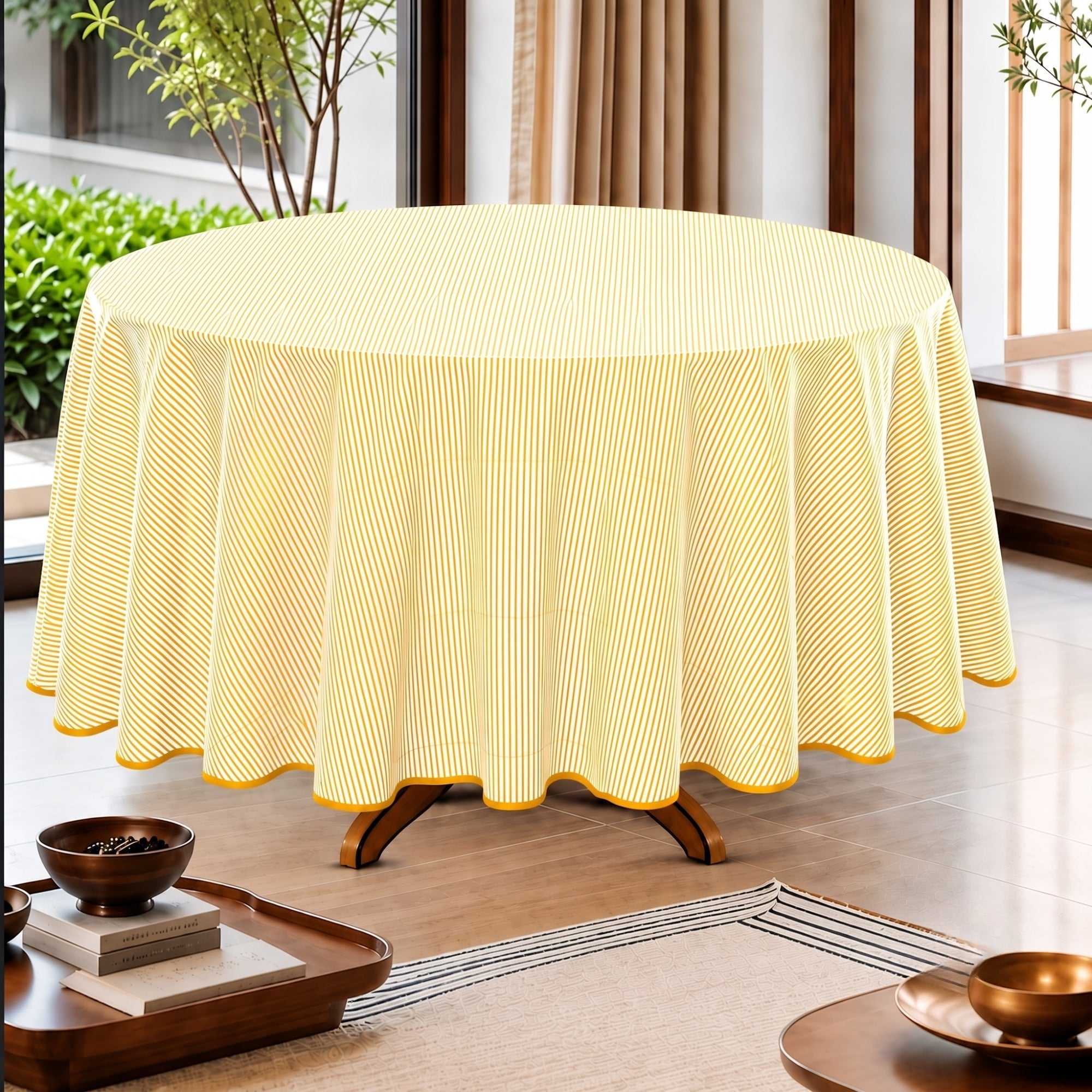 Saffron Yellow Stripe With Yellow Scallop Pipping Round Tablecloth Ridhi Block Print