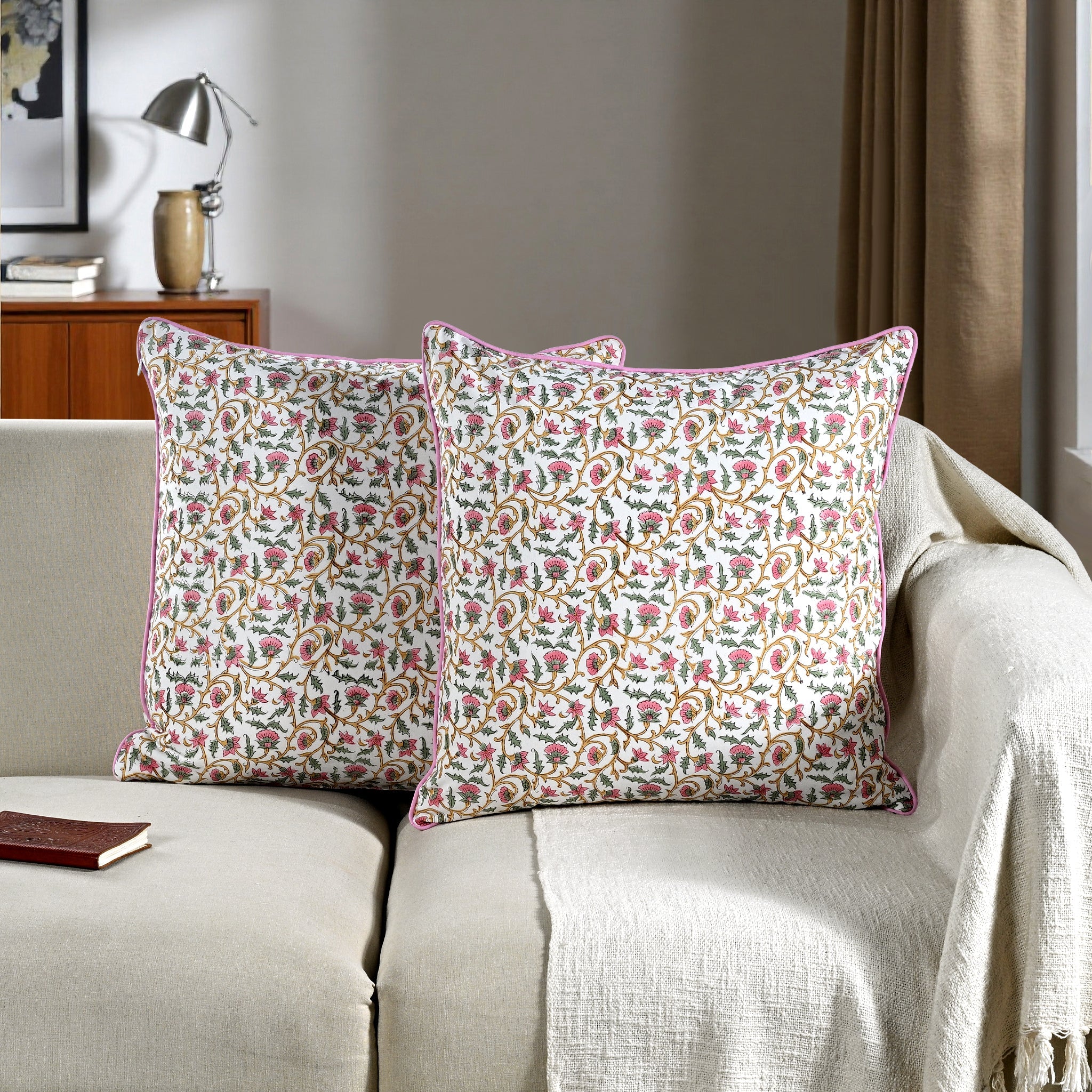 Rose pink Floral vine piping Pillow Cover RIDHI