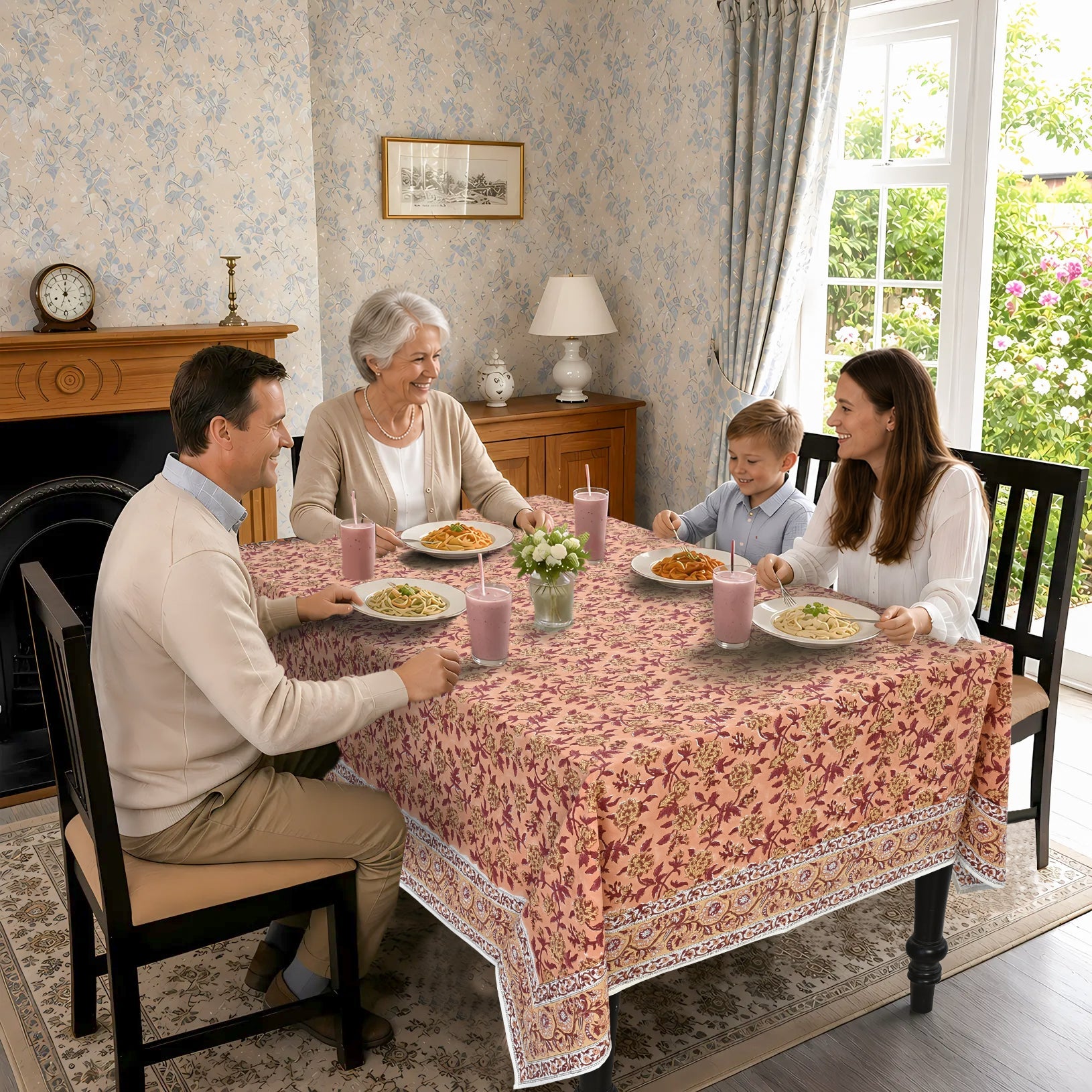 Apricot Rosette Vine Square & Rectangle Tablecloth Ridhi Block Print