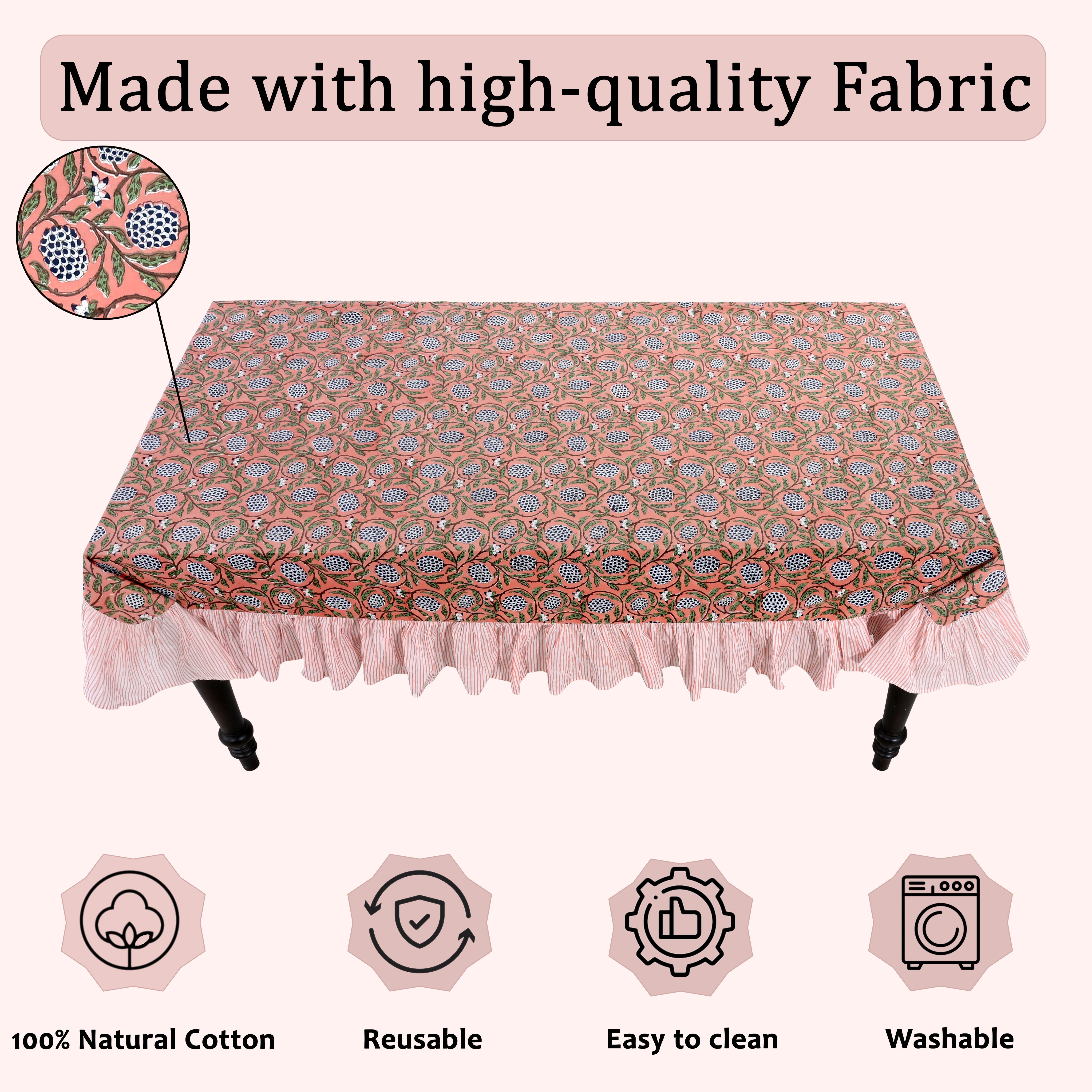 Ruffle Rectangle & Square Tablecloth - Dark Salmon Pink Ridhi Block Print