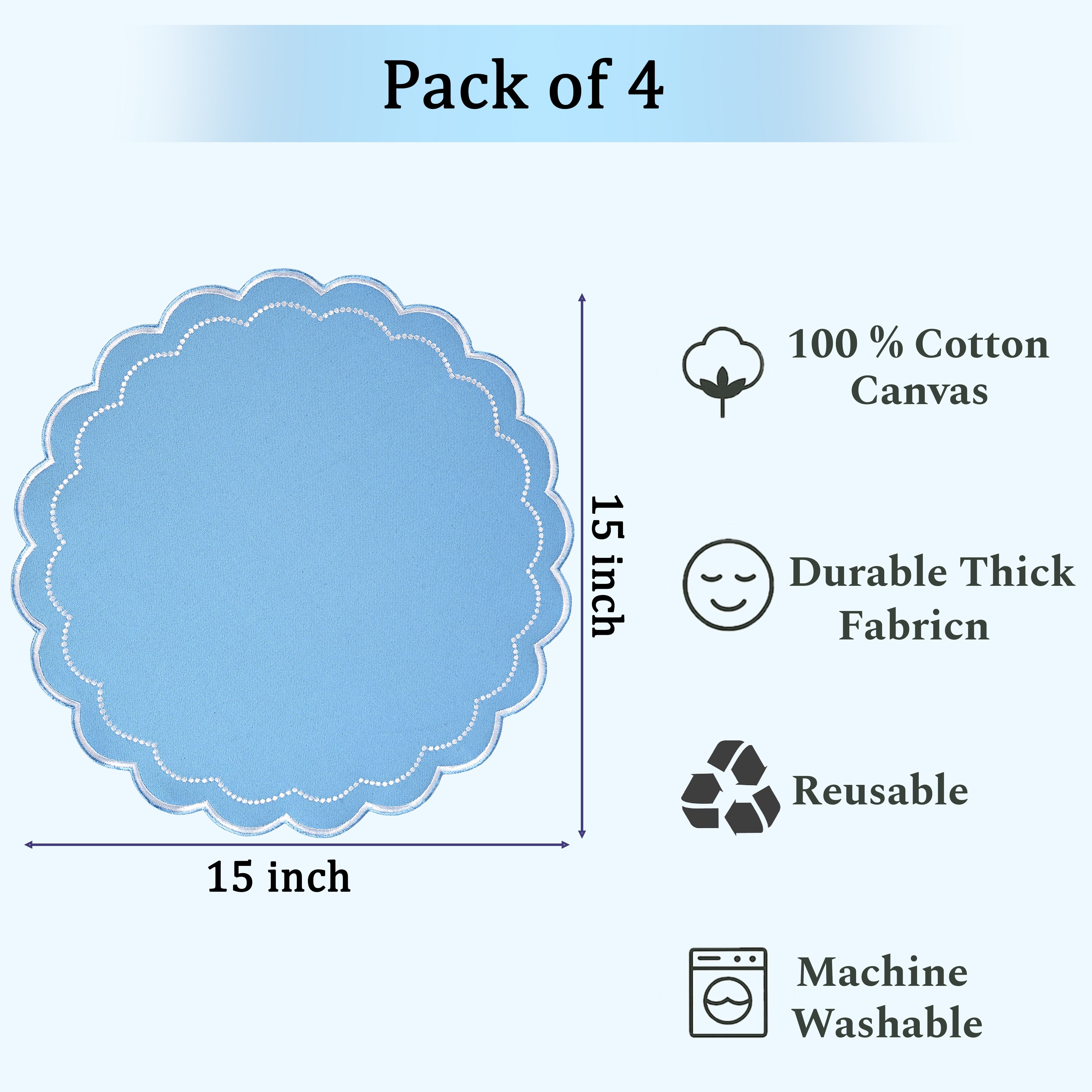 Sky Blue Scalloped Embroidery Round Placemat Ridhi Block Print