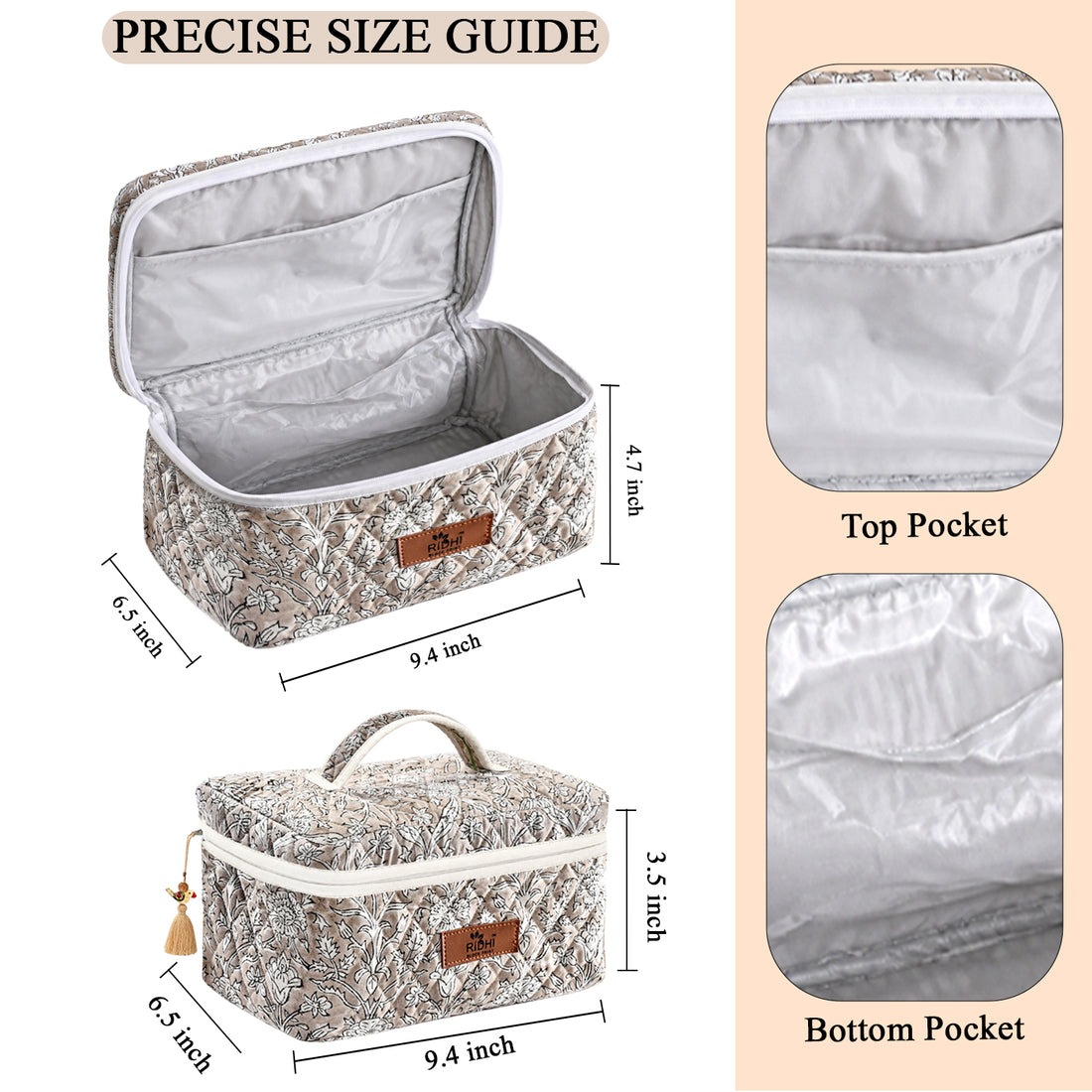 Taupe Block Print Quilted Cosmetic Bag