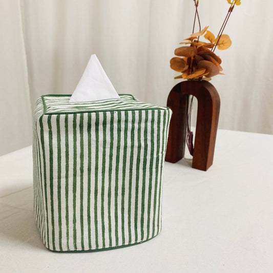 Forest Green Striped Tissue Box Cover Ridhi Block Print