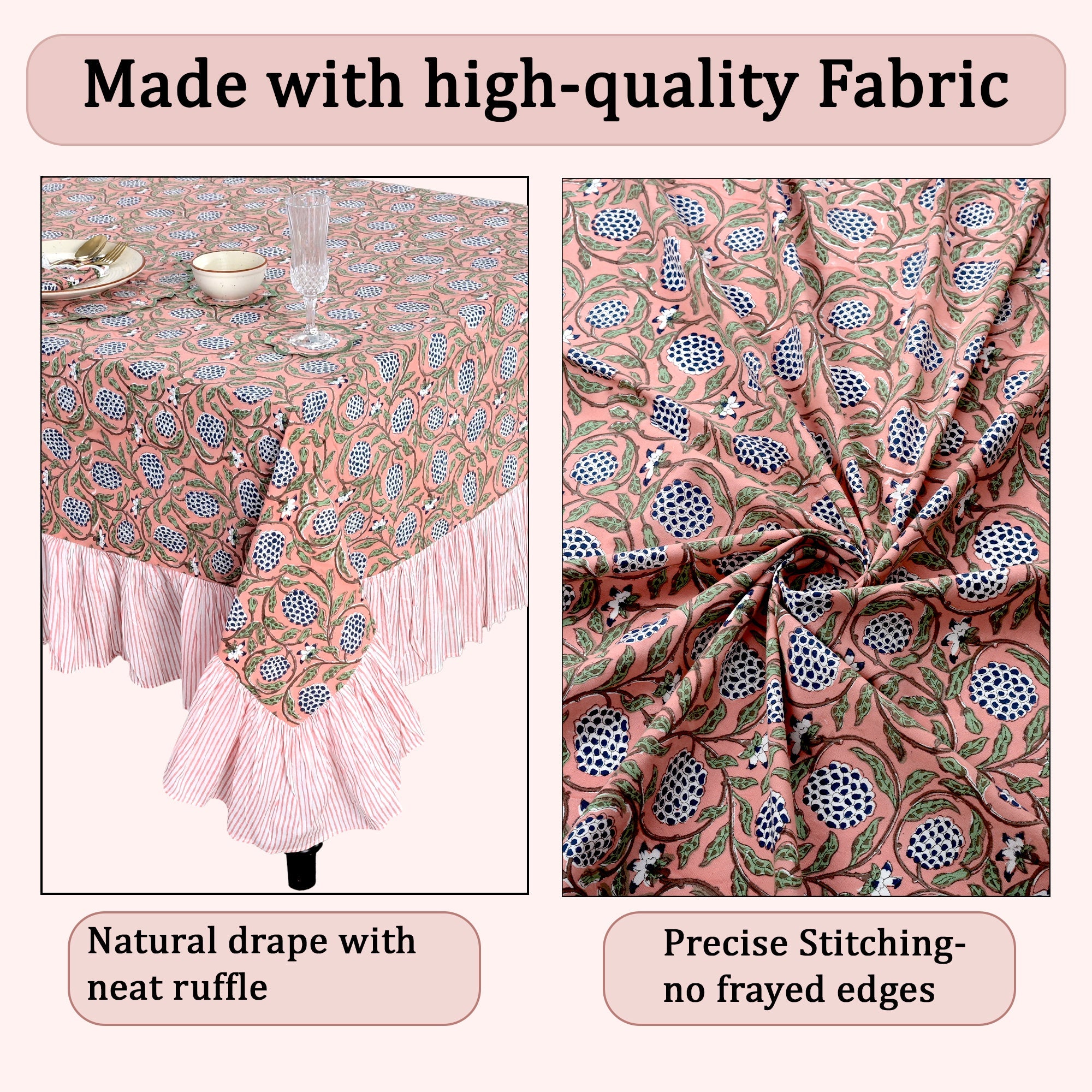 Ruffle Rectangle & Square Tablecloth - Dark Salmon Pink Ridhi Block Print