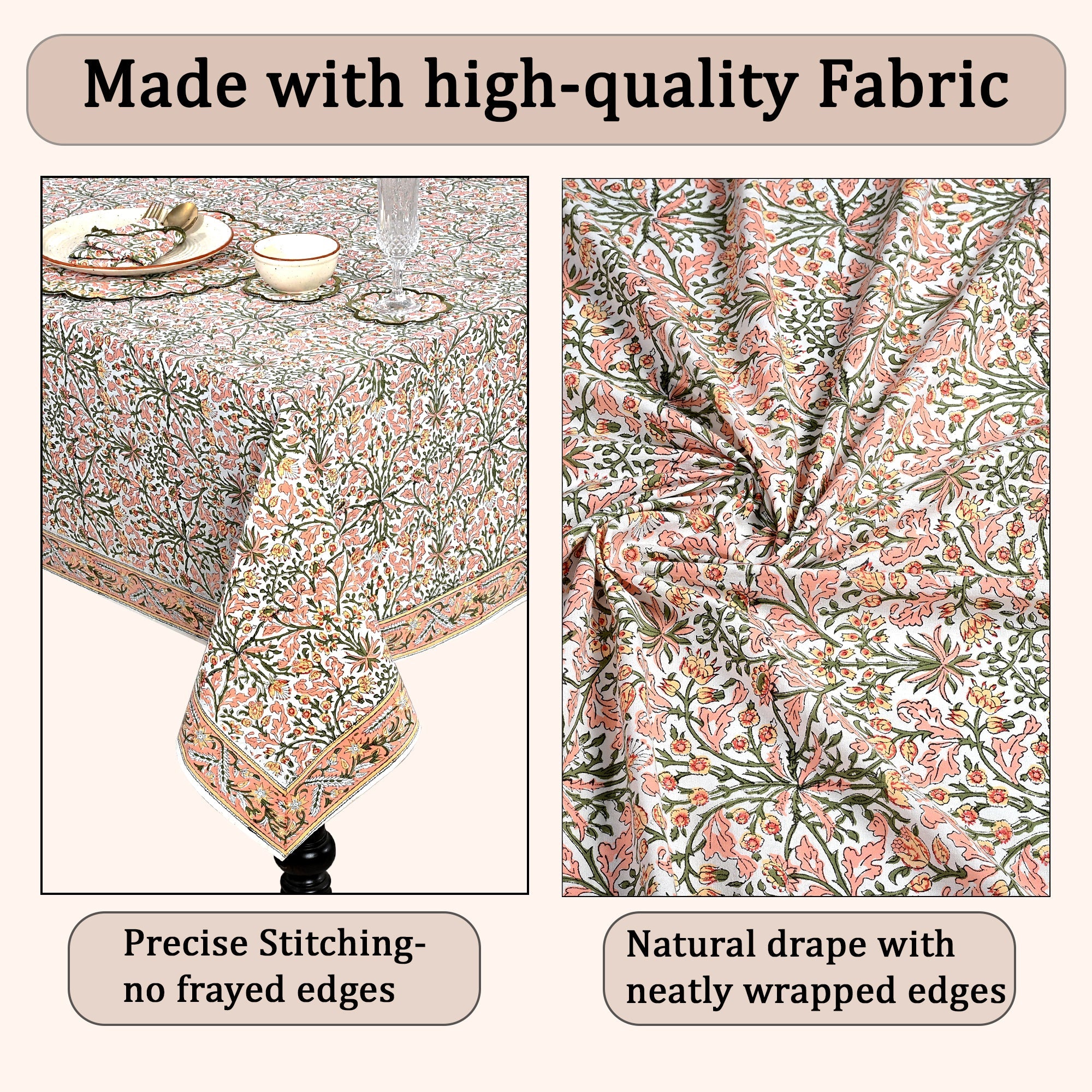 Sassy Salmon and Emerald Green Rectangle Tablecloth Ridhi Block Print