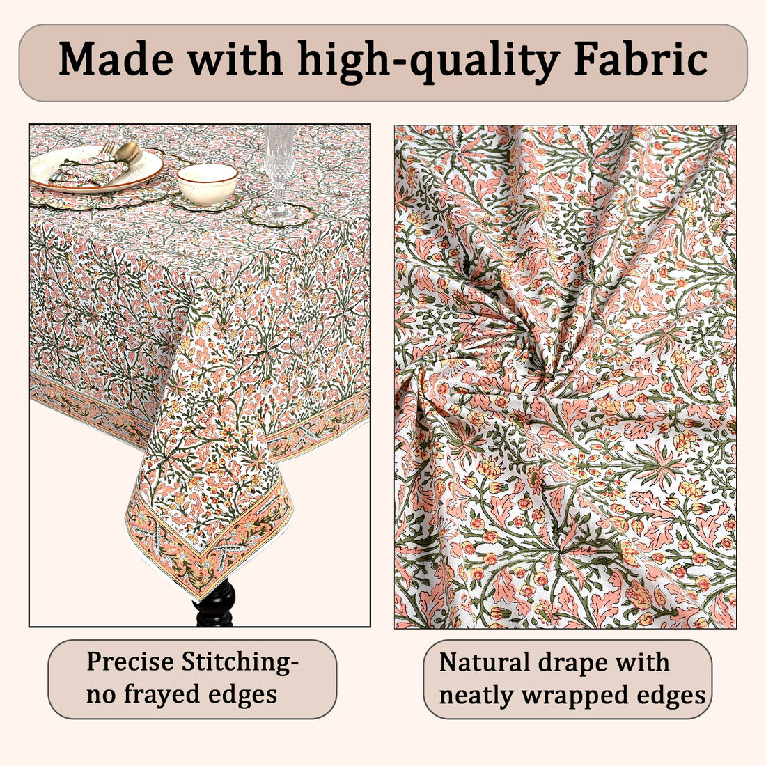 Sassy Salmon and Emerald Green Square & Rectangle Tablecloth Ridhi Block Print