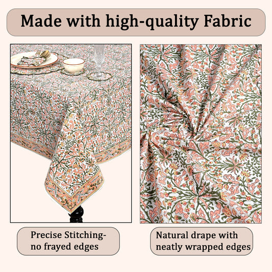 Sassy Salmon and Emerald Green Rectangle Tablecloth Ridhi Block Print
