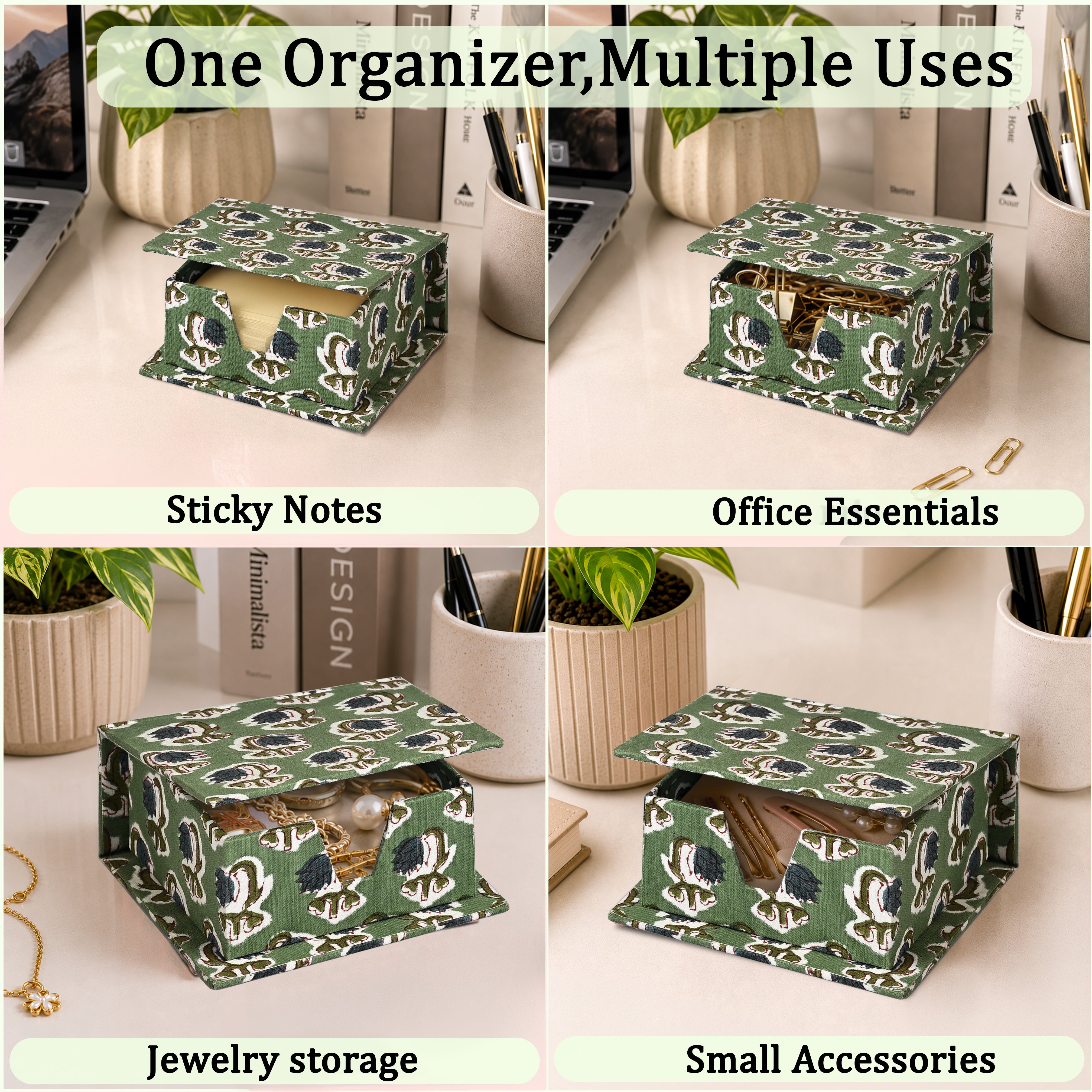 Hand Block Print Cotton Sticky Note Holder - Basil Green RIDHI