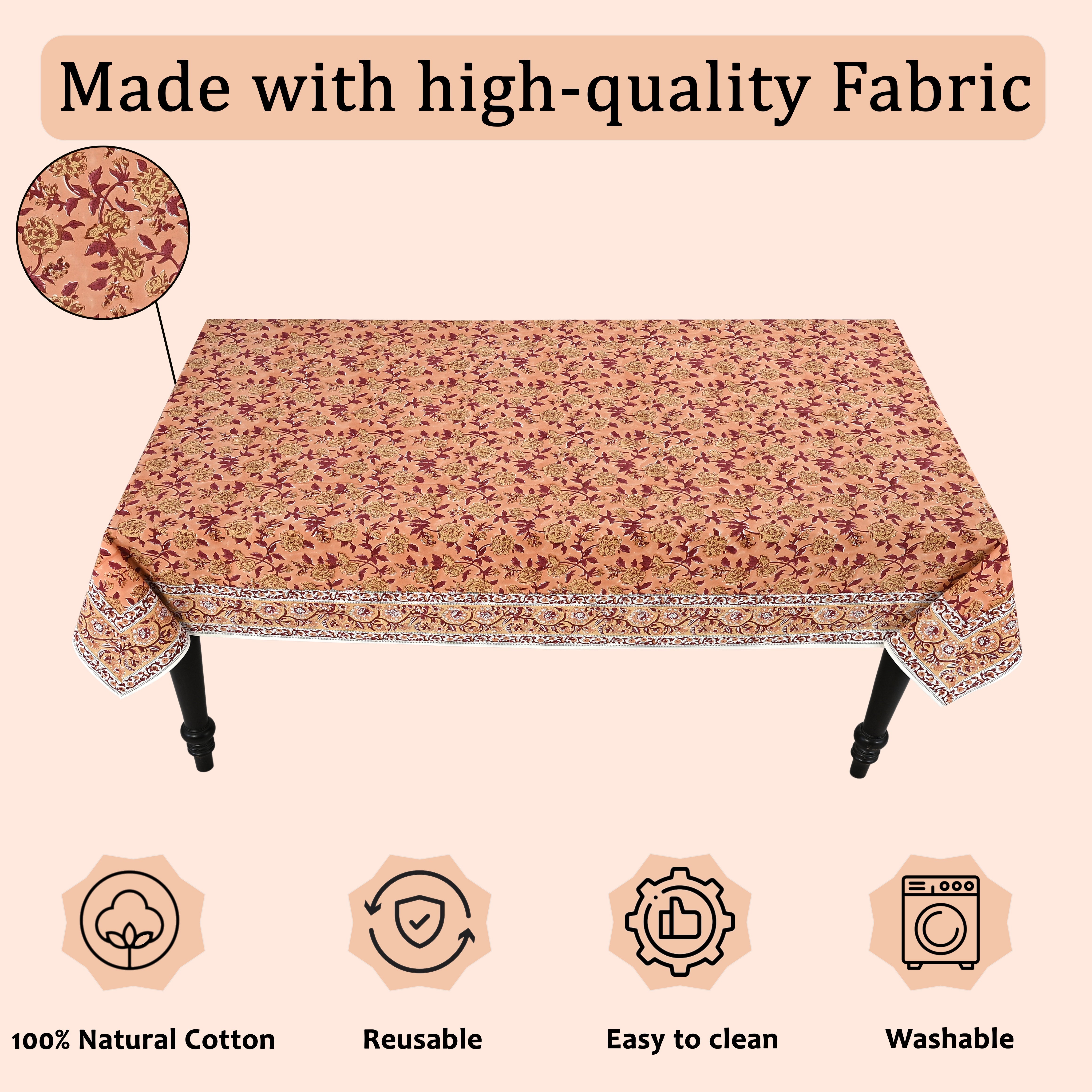 Apricot Rosette Vine Square & Rectangle Tablecloth Ridhi Block Print