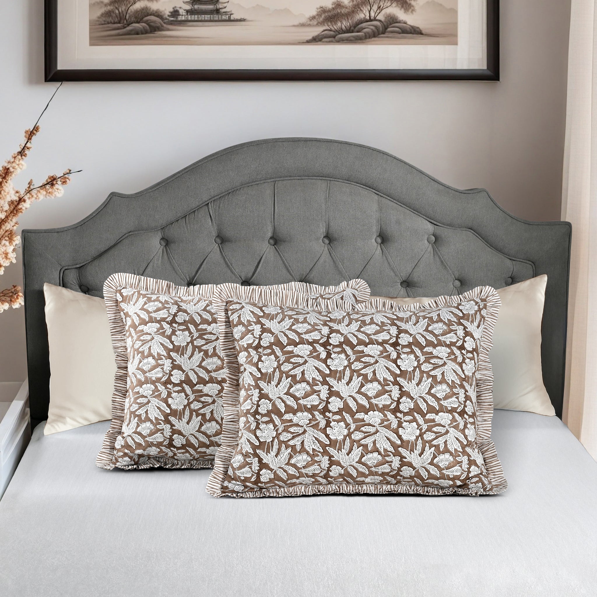 Oak Brown Bed Pillow Cover Ridhi Block Print