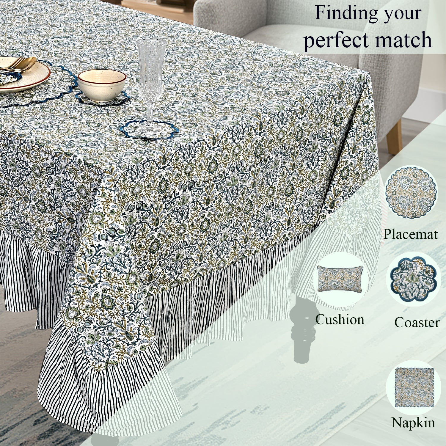 Ruffle Rectangle & Square Tablecloth - Indigo Floral Ridhi Block Print