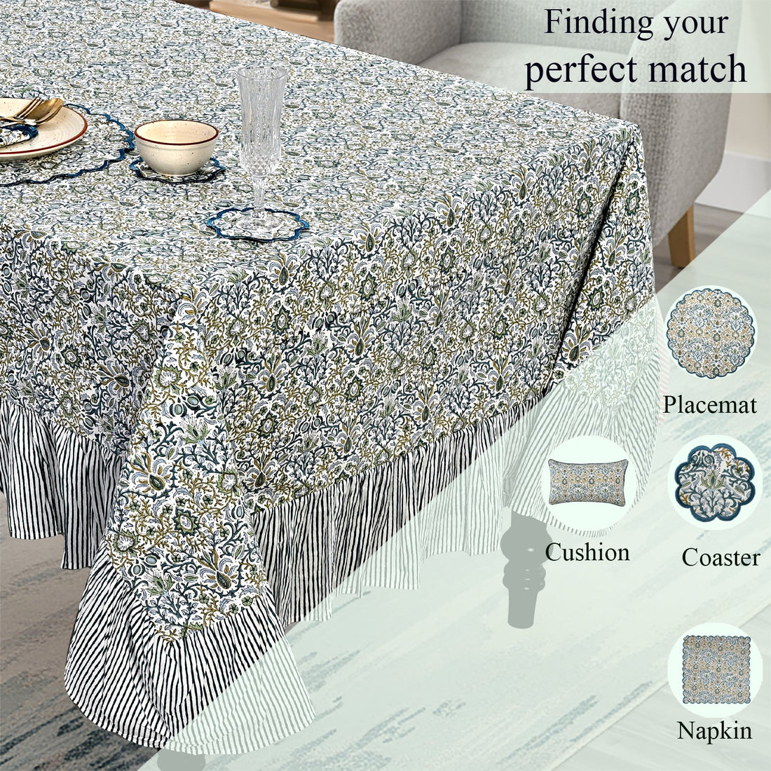 Ruffle Rectangle & Square Tablecloth - Indigo Floral Ridhi Block Print