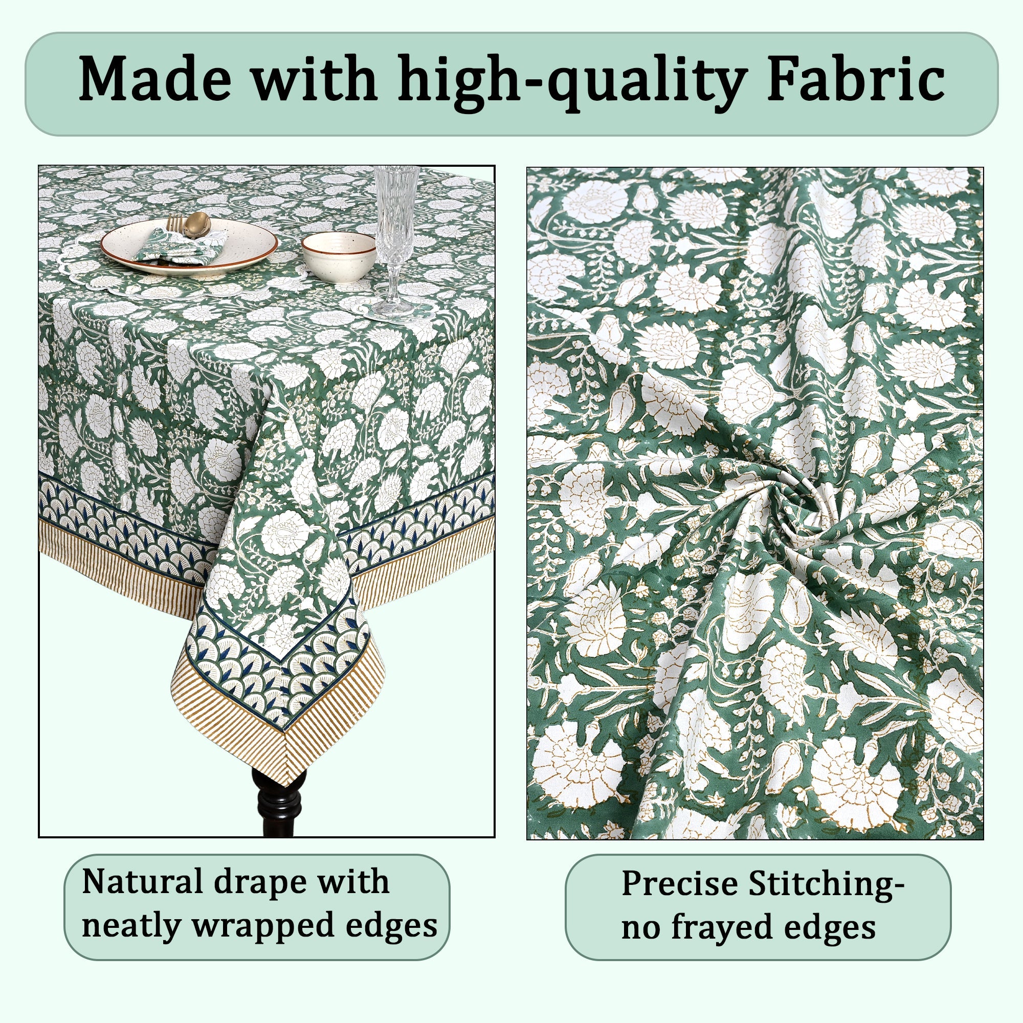 Turquoise Moss Green Rectangle Tablecloth Ridhi Block Print