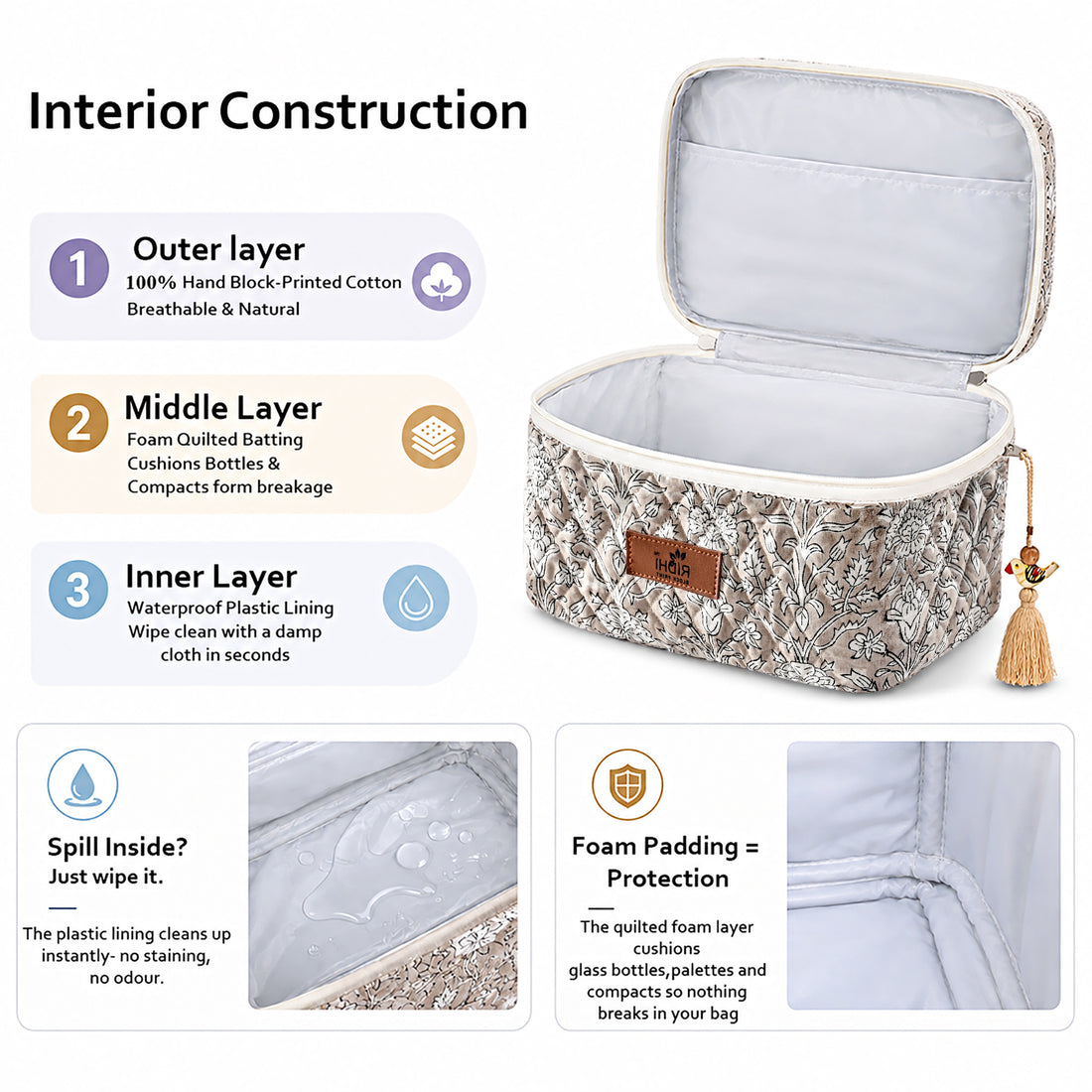Taupe Block Print Quilted Cosmetic Bag