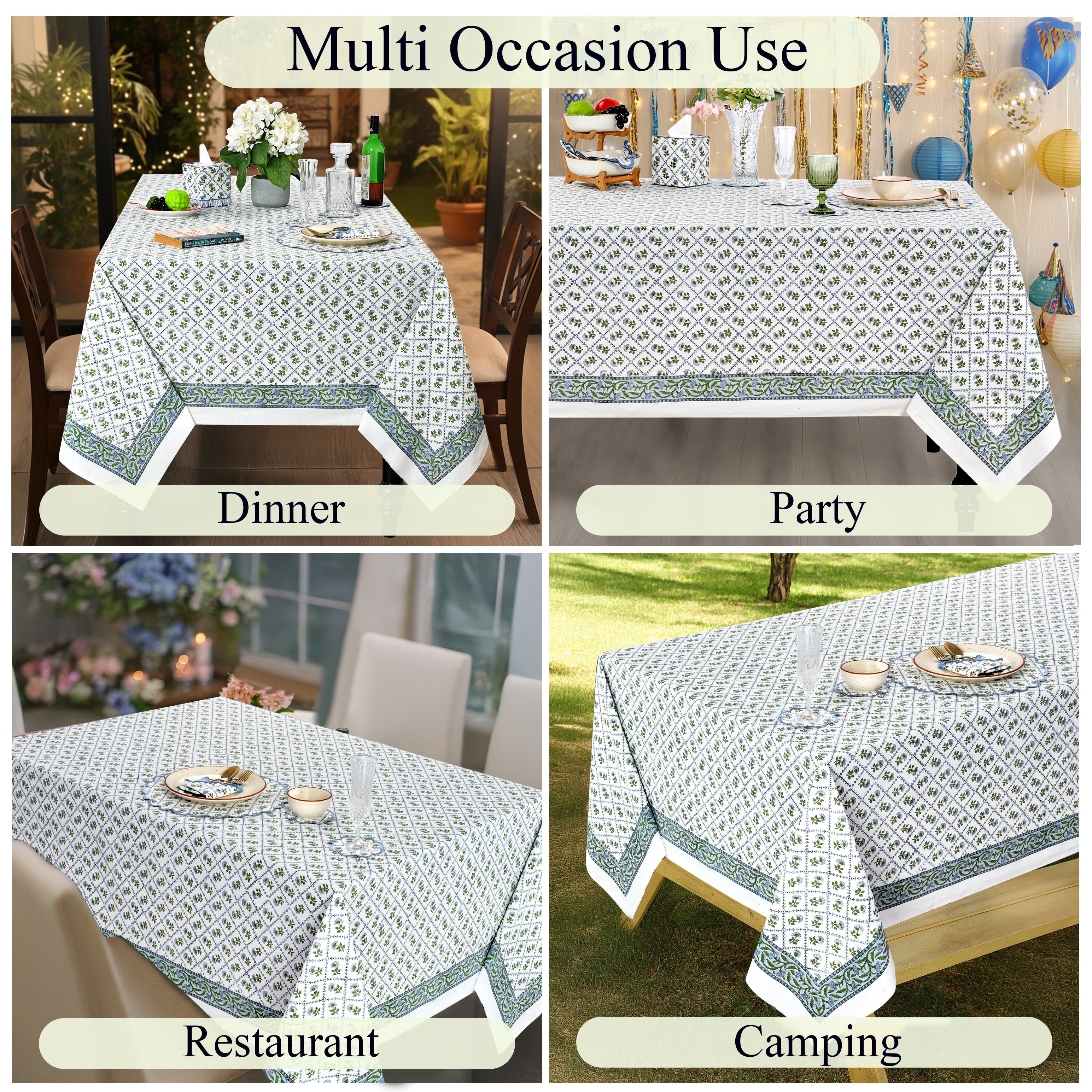 Indian Light Blue Rectangle Tablecloth Ridhi Block Print