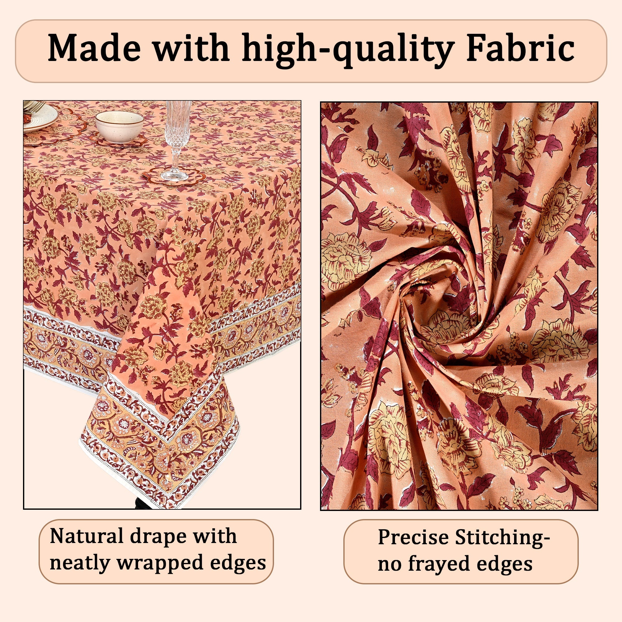 Apricot Rosette Vine Square & Rectangle Tablecloth Ridhi Block Print