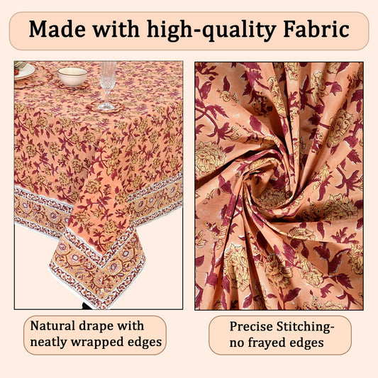 Apricot Rosette Vine Square & Rectangle Tablecloth Ridhi Block Print