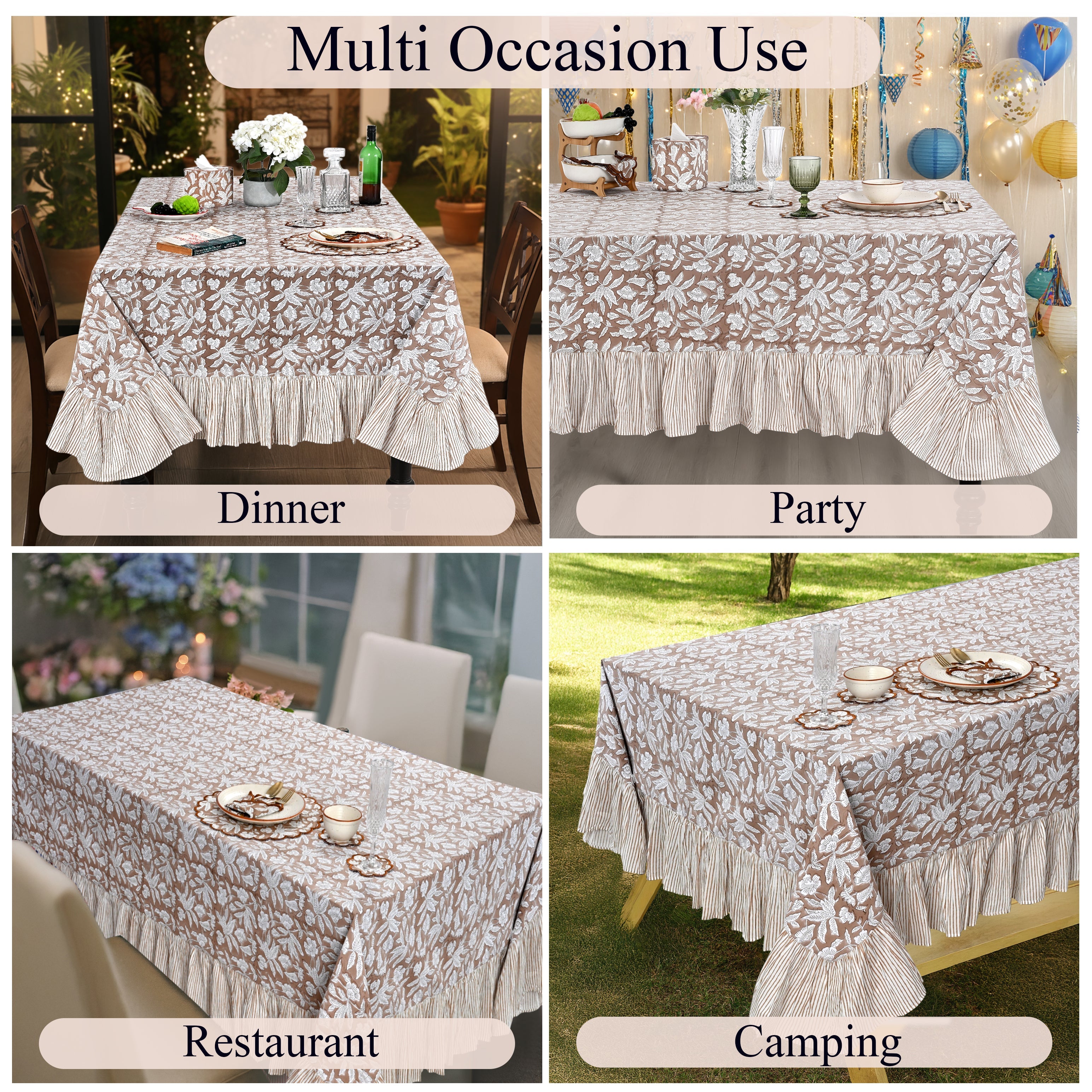 Ruffle Rectangle & Square Tablecloth - Oak Brown Ridhi Block Print