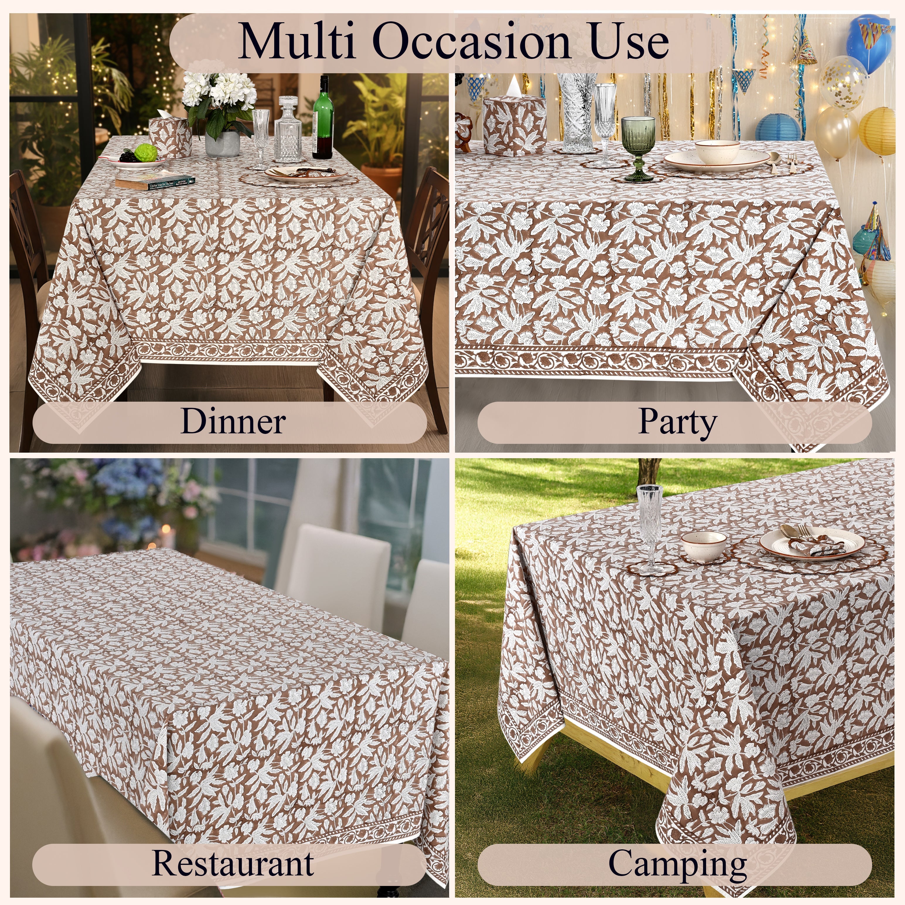 Oak Brown Rectangle Tablecloth Ridhi Block Print